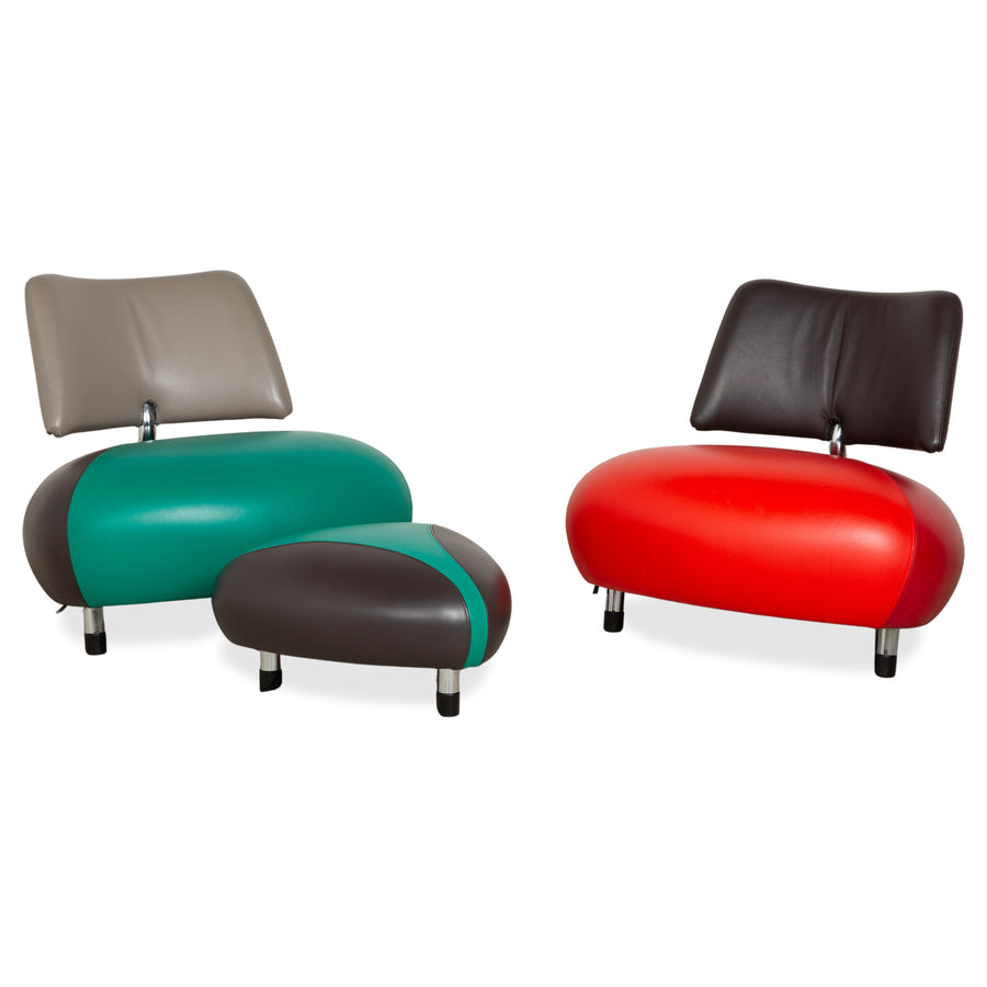 Fauteuil et tabouret en cuir Leolux Pallone, vert, gris foncé, taupe, rouge, orange