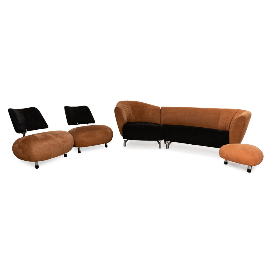 Leolux Pallone Fabric Sofa Set Brown Black 2x Armchair Stool Corner Sofa