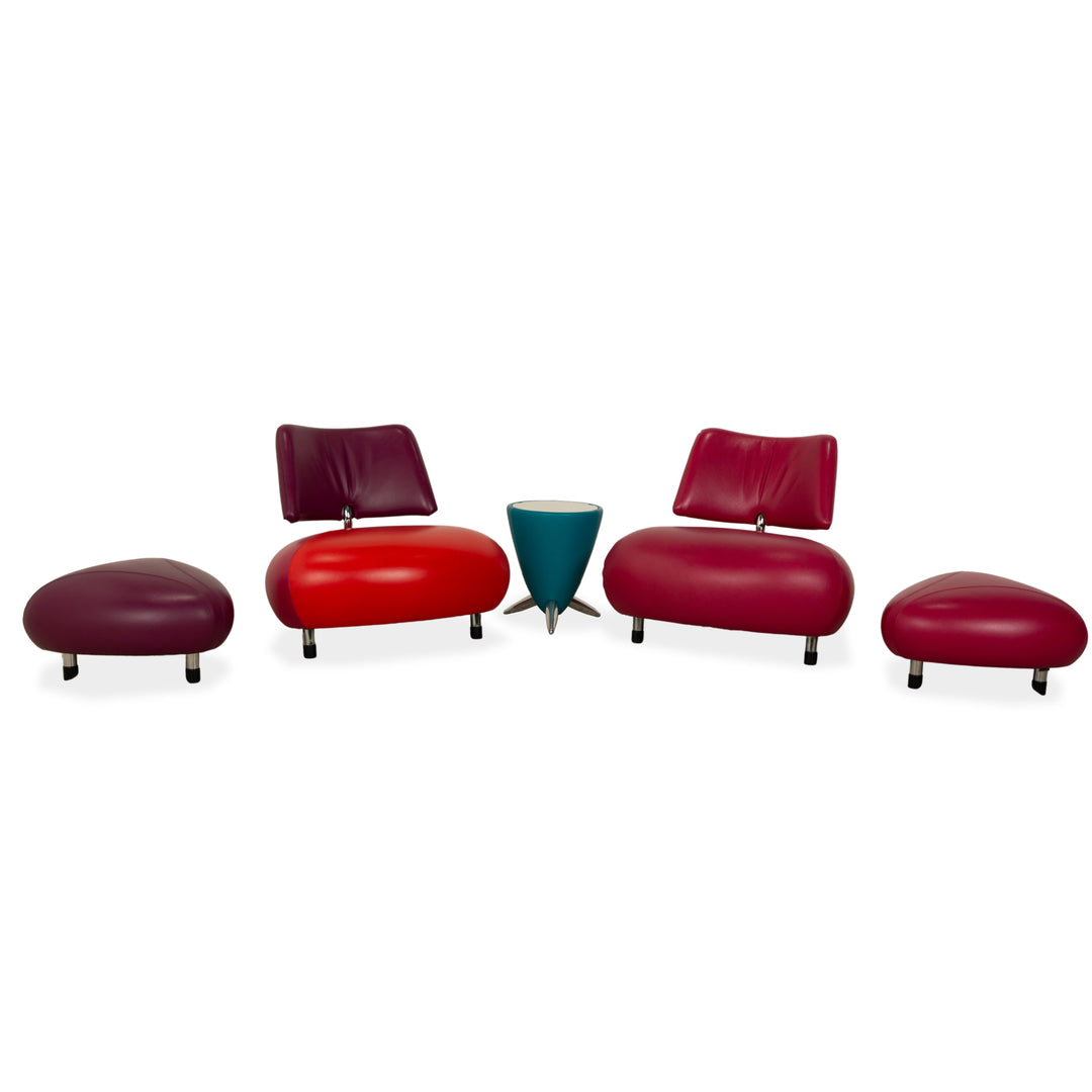 Leolux Pallone TamTam Bongo Leather Armchair Set Stool Storage Compartment Purple Red Blue Space Age