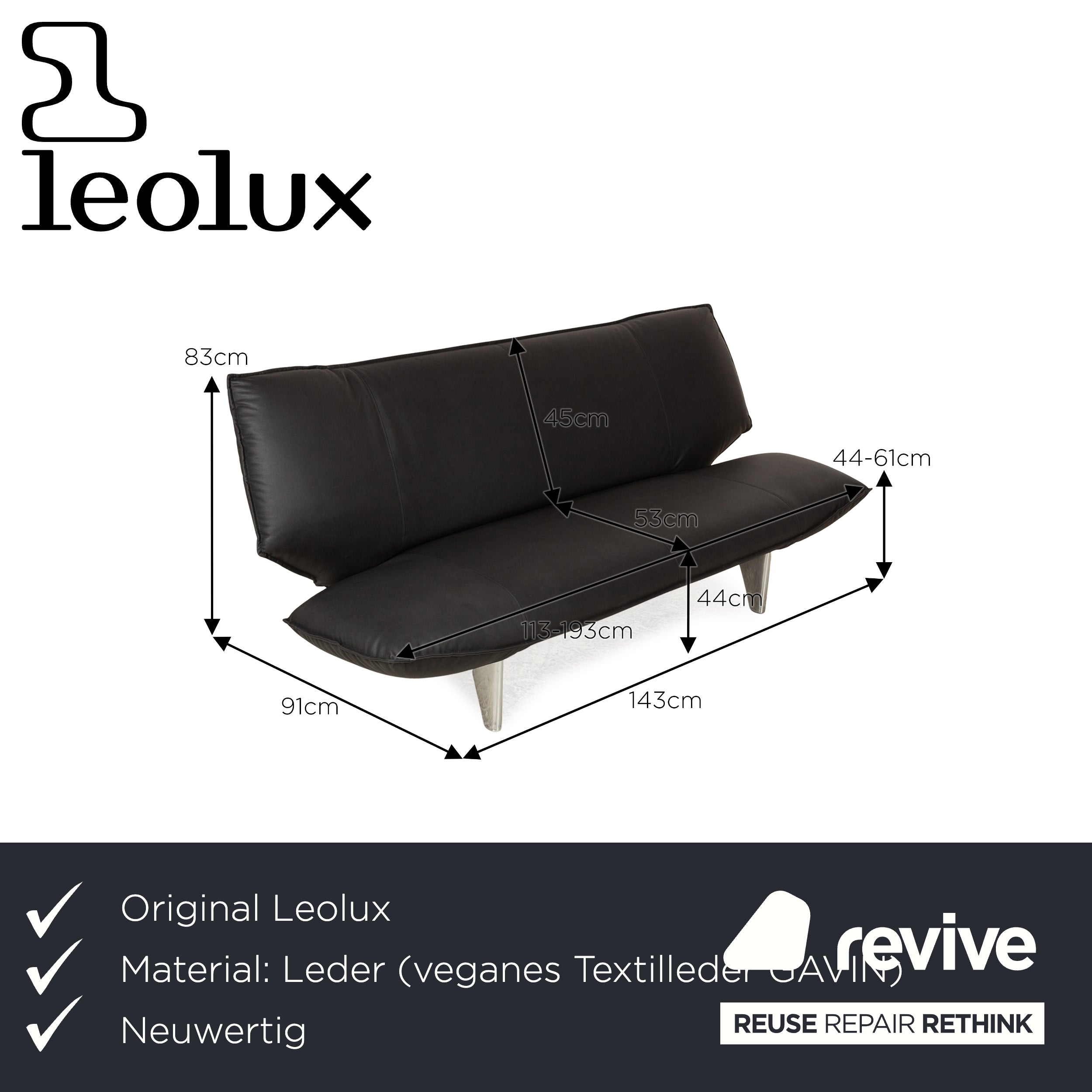 Leolux Tango veganes Leder Zweisitzer Schwarz manuelle Funktion Sofa Couch Neubezug