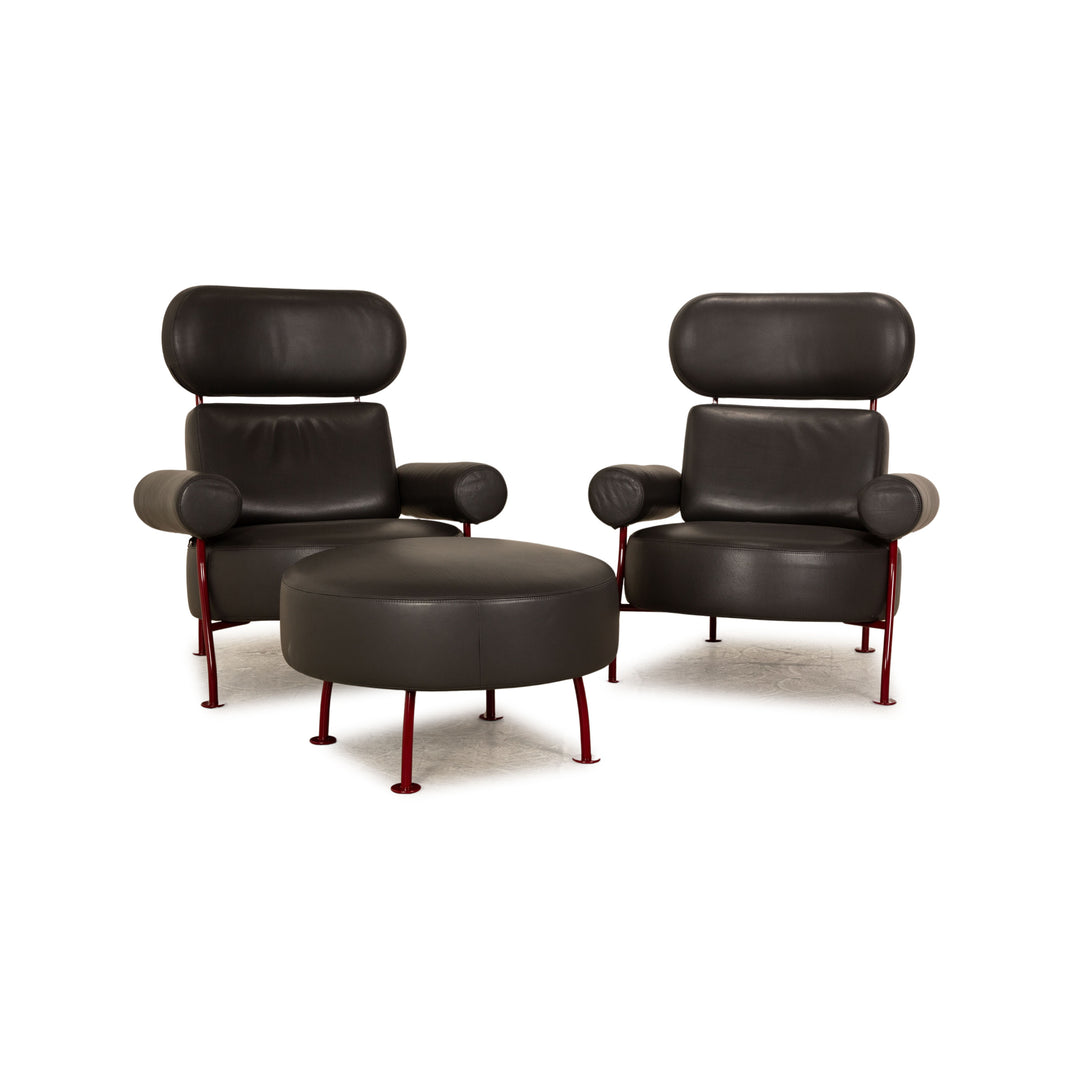 ligne roset Astair leather armchair set anthracite 2x armchair stool