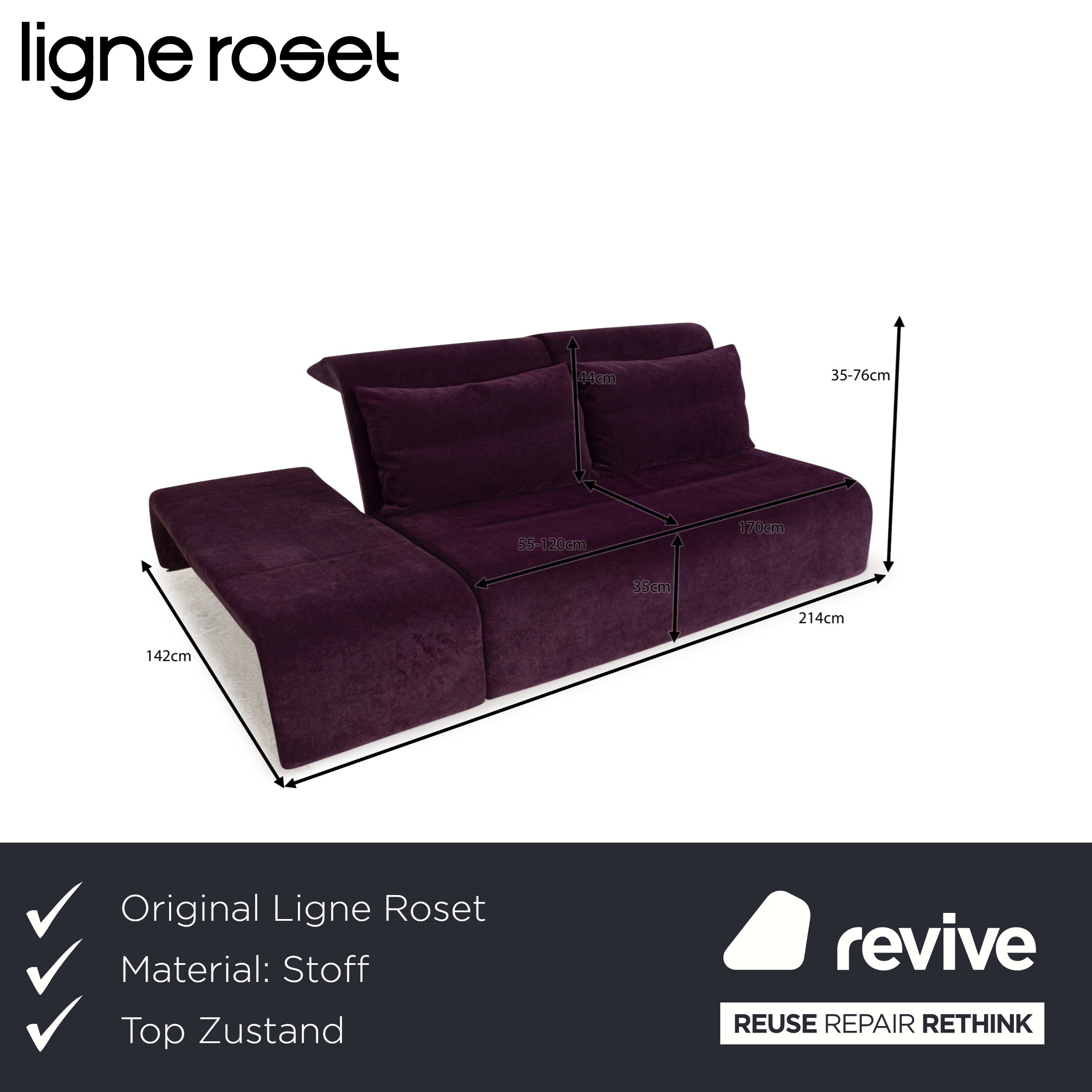 Canapé trois places en tissu violet Downtown Ligne Roset, fonction manuelle, fonction couchage