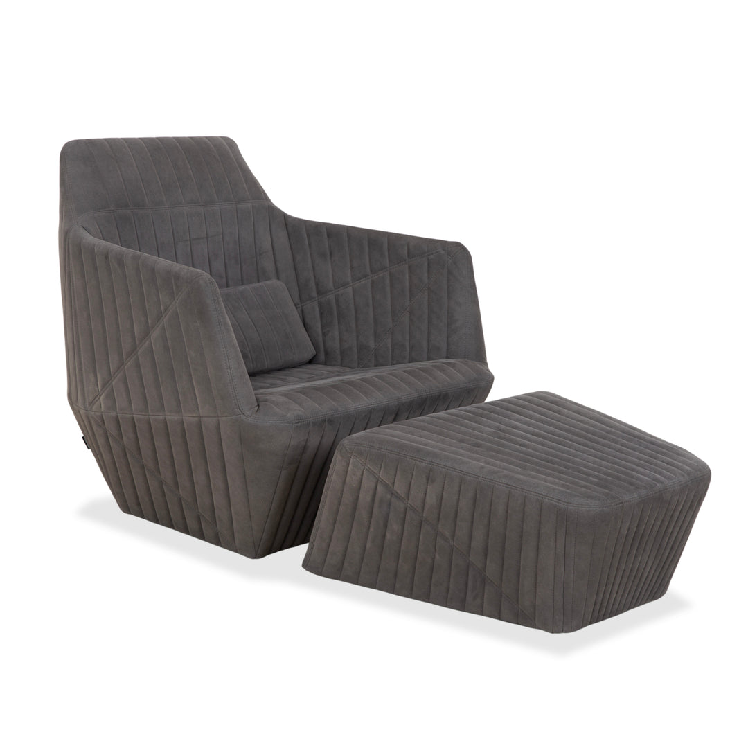 Fauteuil tabouret gris en tissu à facettes rosette ligne