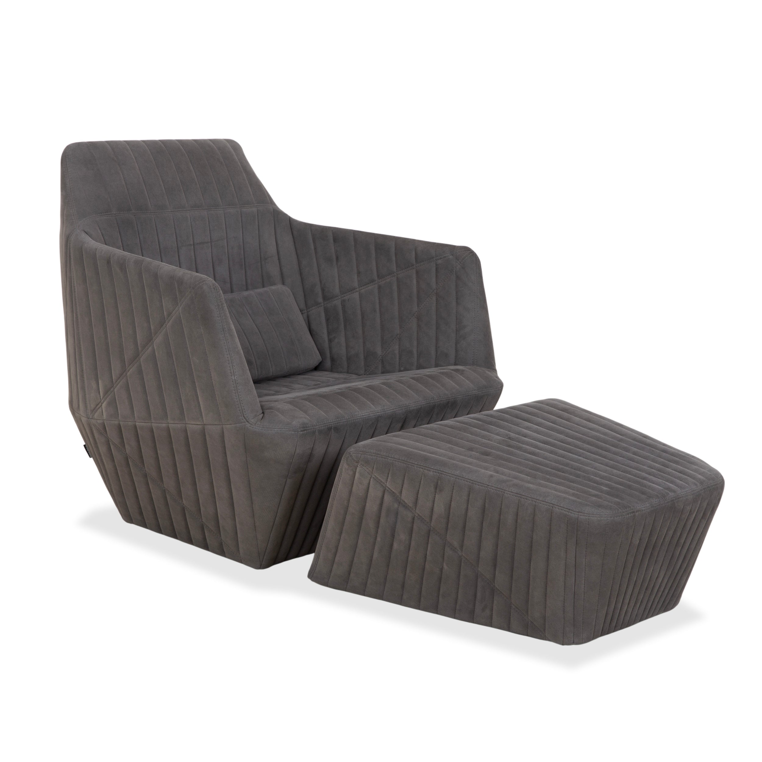 Fauteuil tabouret gris en tissu à facettes rosette ligne