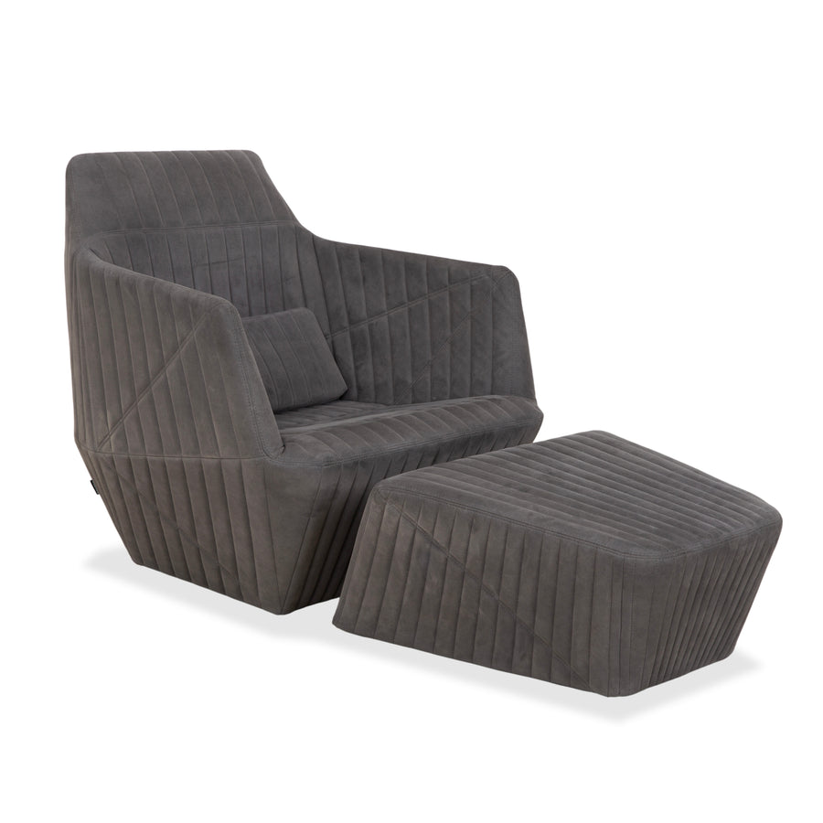 Fauteuil tabouret gris en tissu à facettes rosette ligne