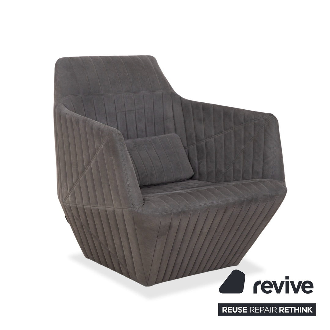 Fauteuil tabouret gris en tissu à facettes rosette ligne
