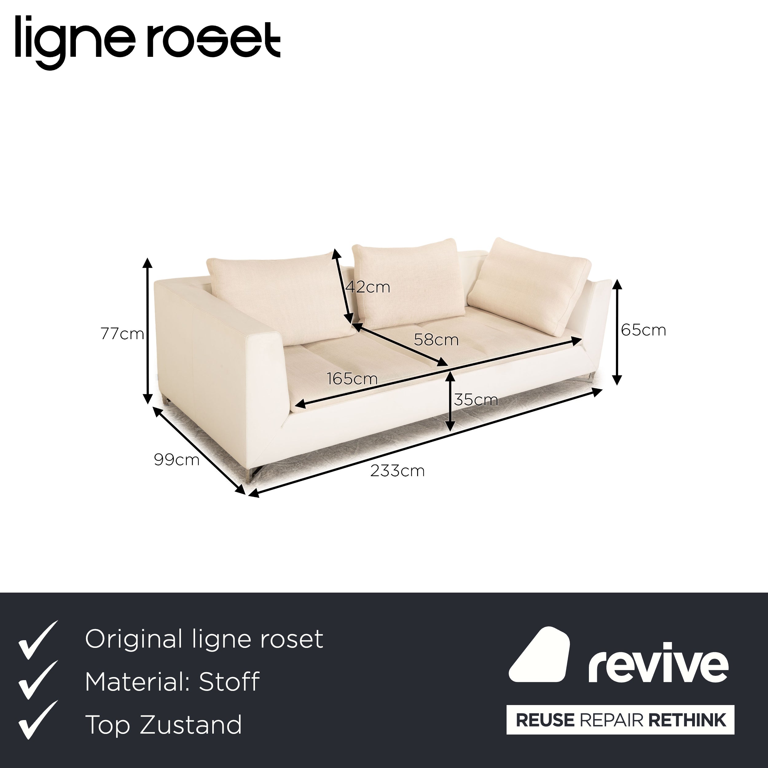 ligne roset Feng fabric three-seater cream sofa couch