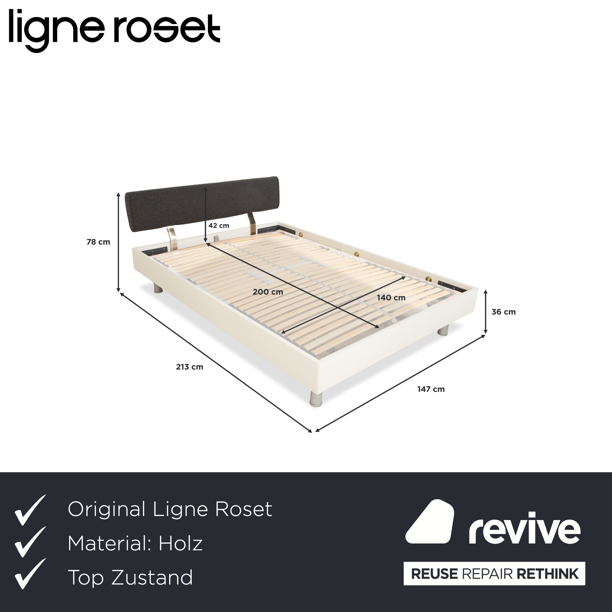 Lit en bois Ligne Roset, blanc/gris foncé, 140 x 200 cm
