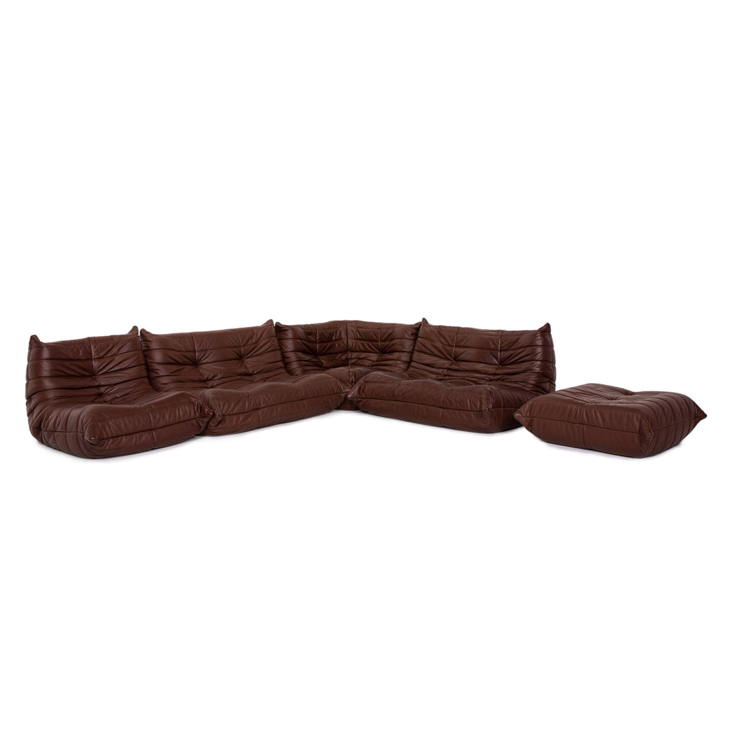 Ligne Roset Togo leather corner sofa set, brown/dark brown with mocha ottoman