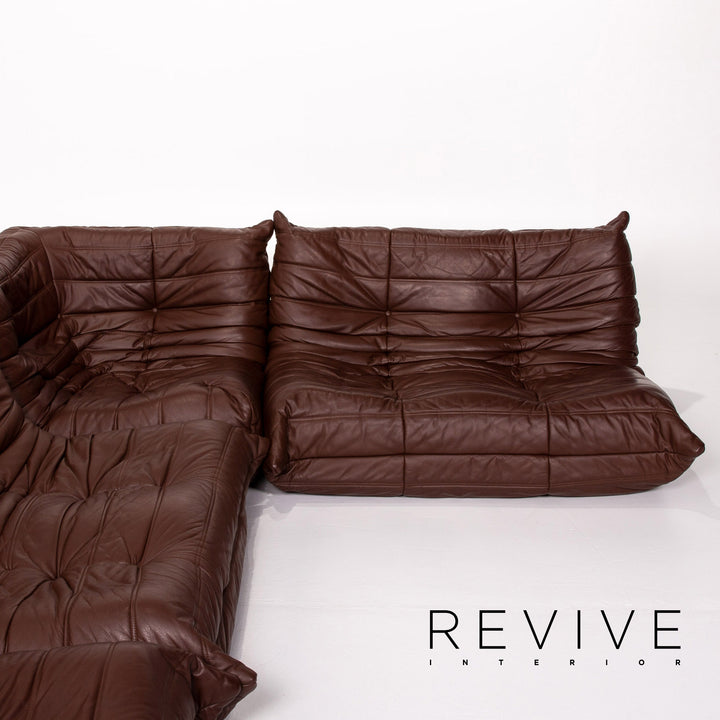 Ligne Roset Togo leather corner sofa set, brown/dark brown with mocha ottoman