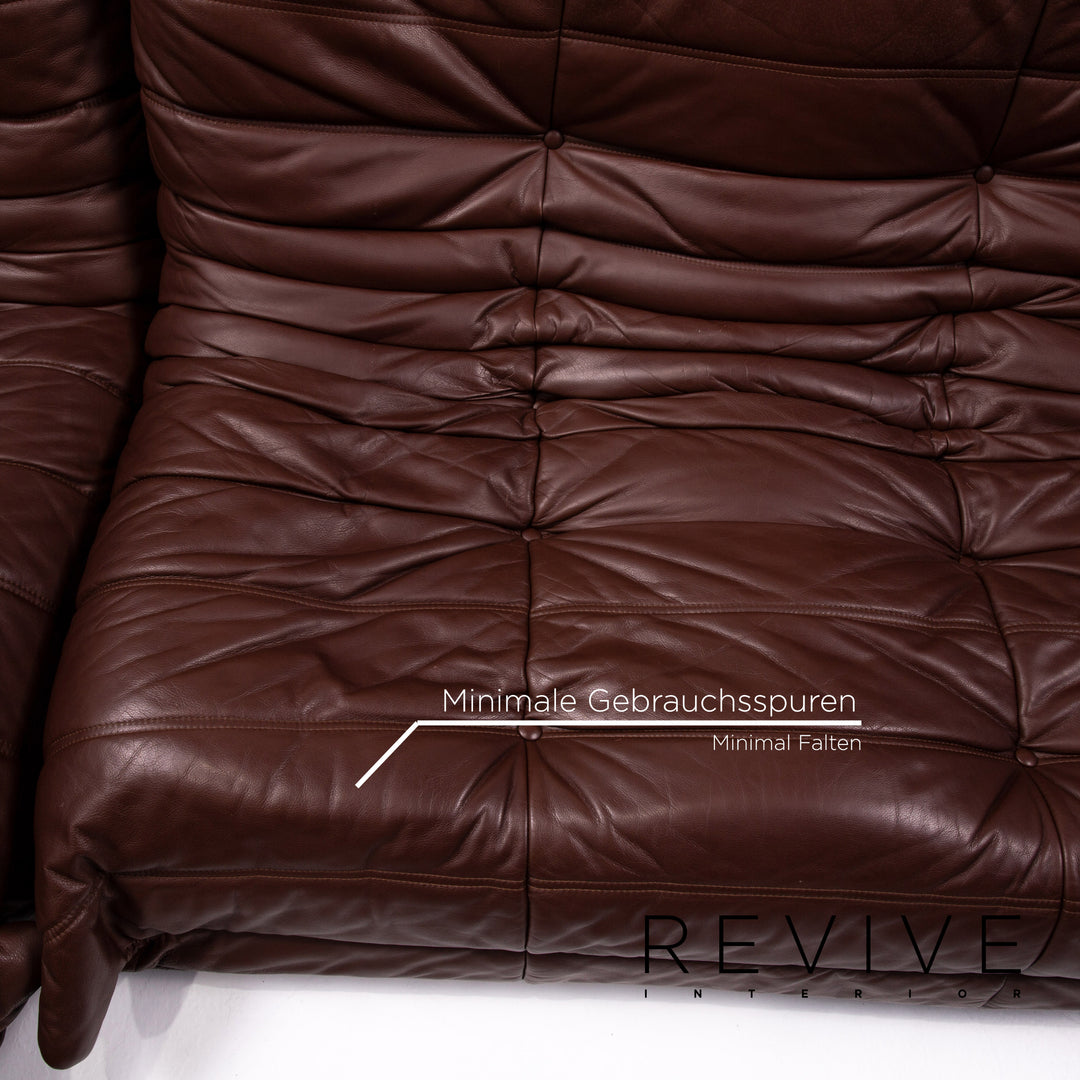 Ligne Roset Togo leather corner sofa set, brown/dark brown with mocha ottoman