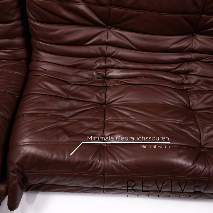 Ligne Roset Togo leather corner sofa set, brown/dark brown with mocha ottoman
