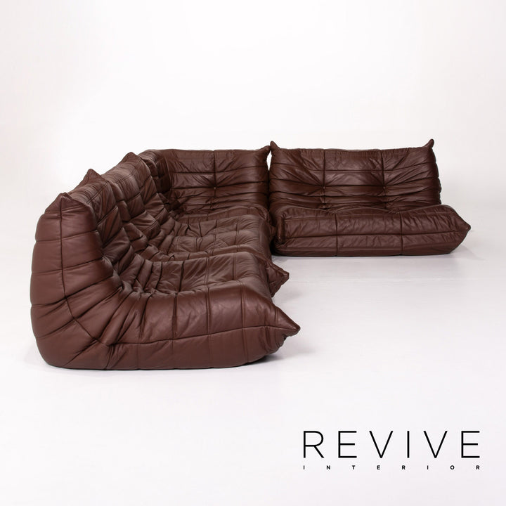 Ligne Roset Togo leather corner sofa set, brown/dark brown with mocha ottoman