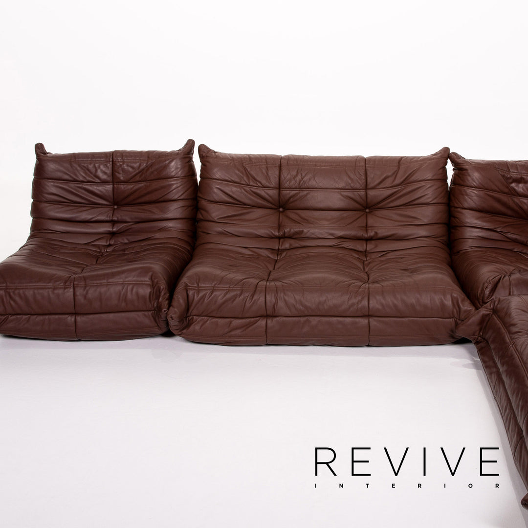 Ligne Roset Togo leather corner sofa set, brown/dark brown with mocha ottoman
