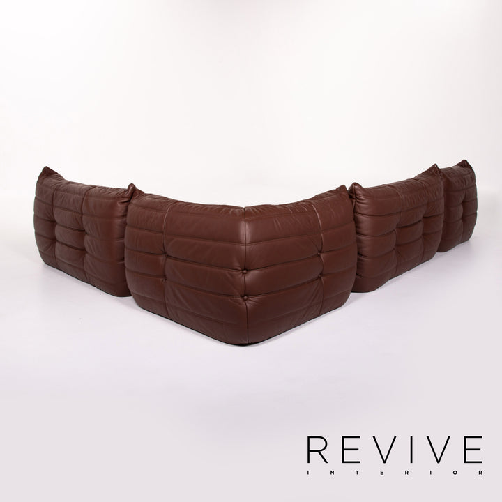 Ligne Roset Togo leather corner sofa set, brown/dark brown with mocha ottoman