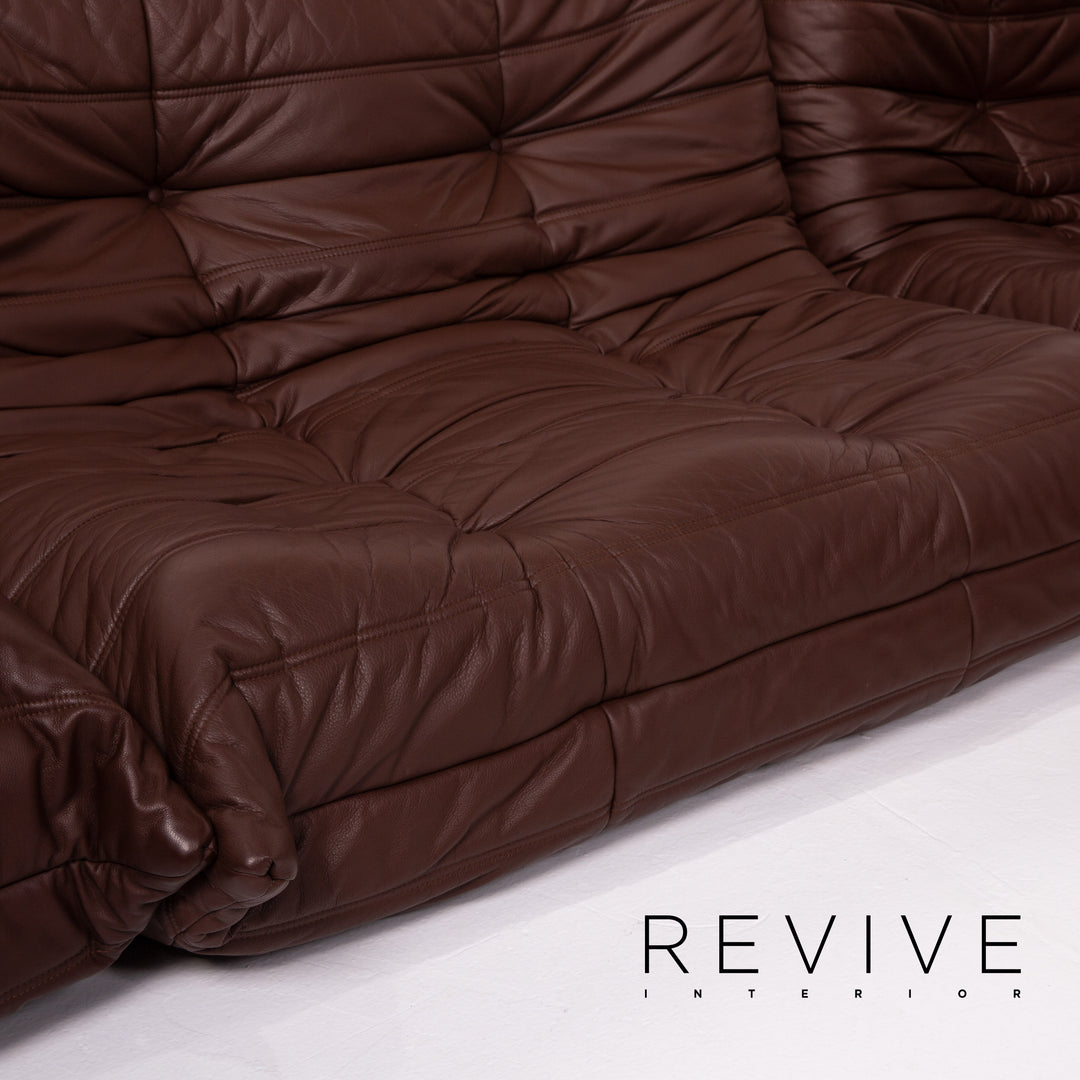 Ligne Roset Togo leather corner sofa set, brown/dark brown with mocha ottoman