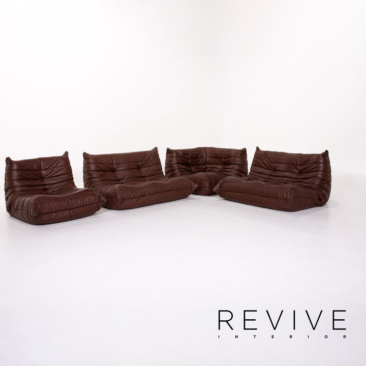 Ligne Roset Togo leather corner sofa set, brown/dark brown with mocha ottoman