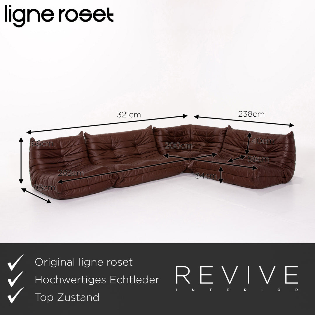 Ligne Roset Togo leather corner sofa set, brown/dark brown with mocha ottoman