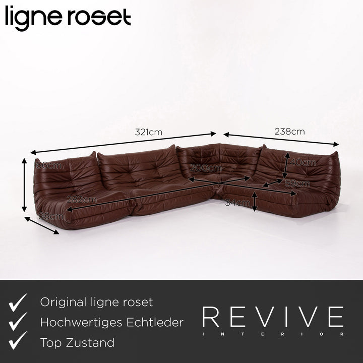 Ligne Roset Togo leather corner sofa set, brown/dark brown with mocha ottoman