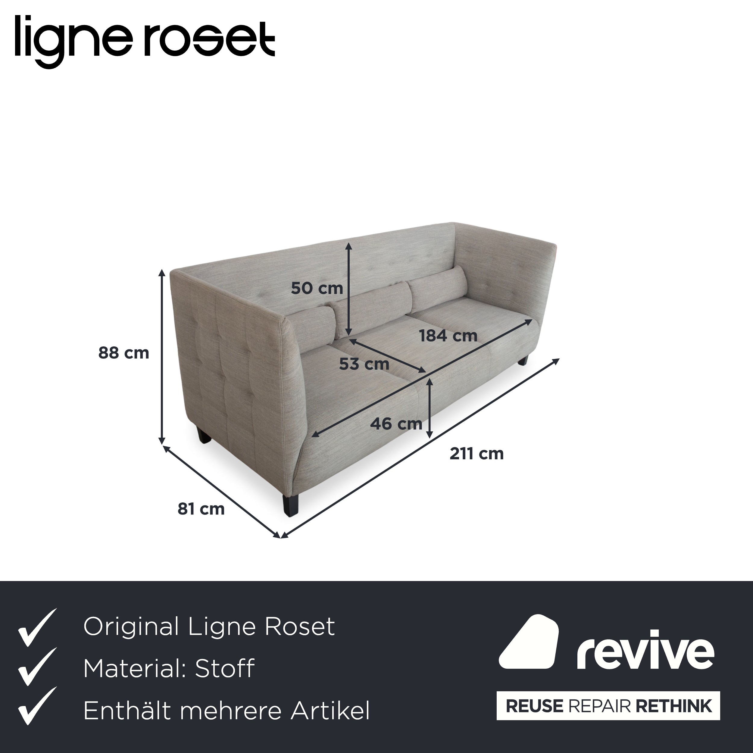 Ligne Roset MCD tyg 2x tresits soffa grå beige taupe soffa