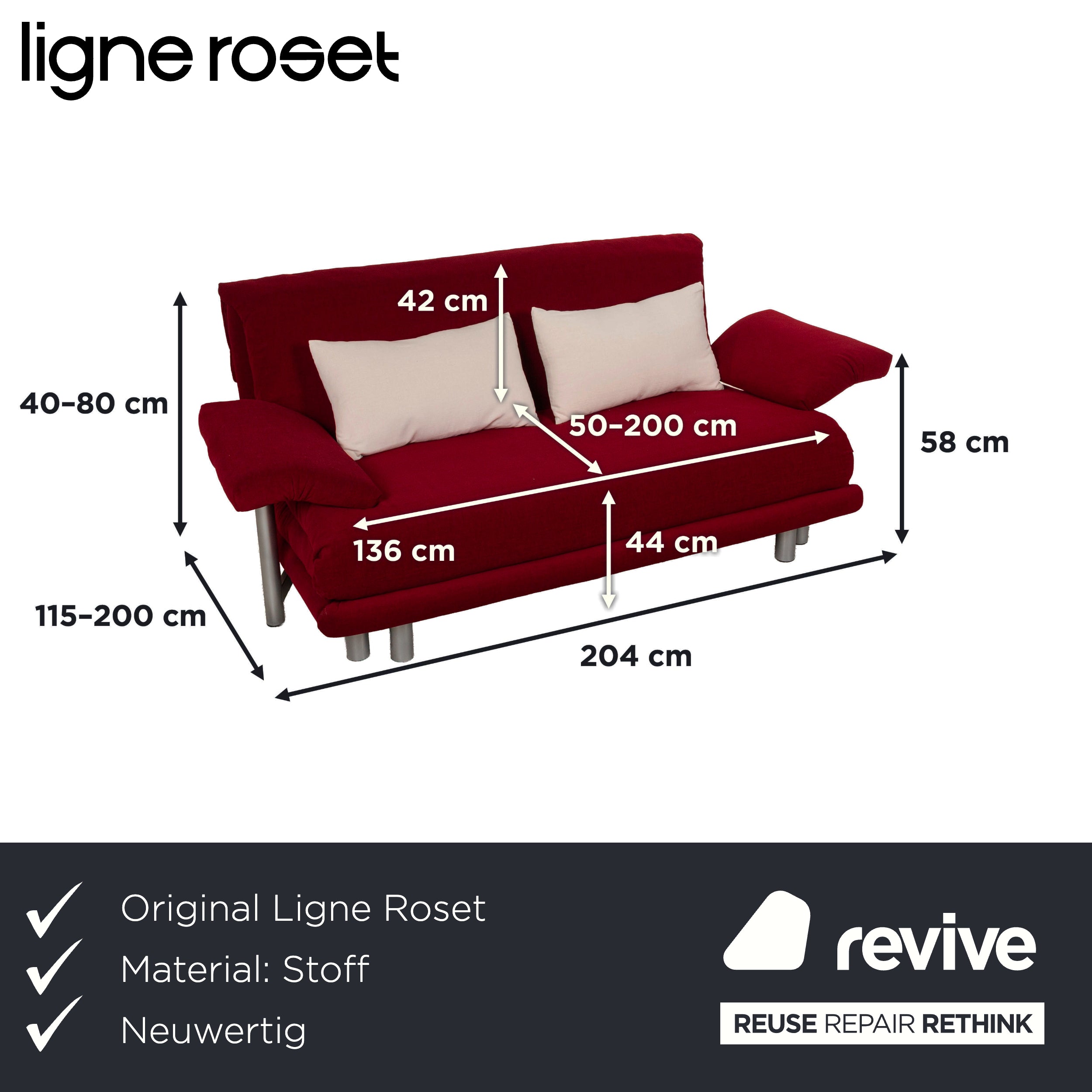 Ligne Roset Multy Three-seater Armrests Fabric Red White Silver manual sleeping function sofa bed newly upholstered