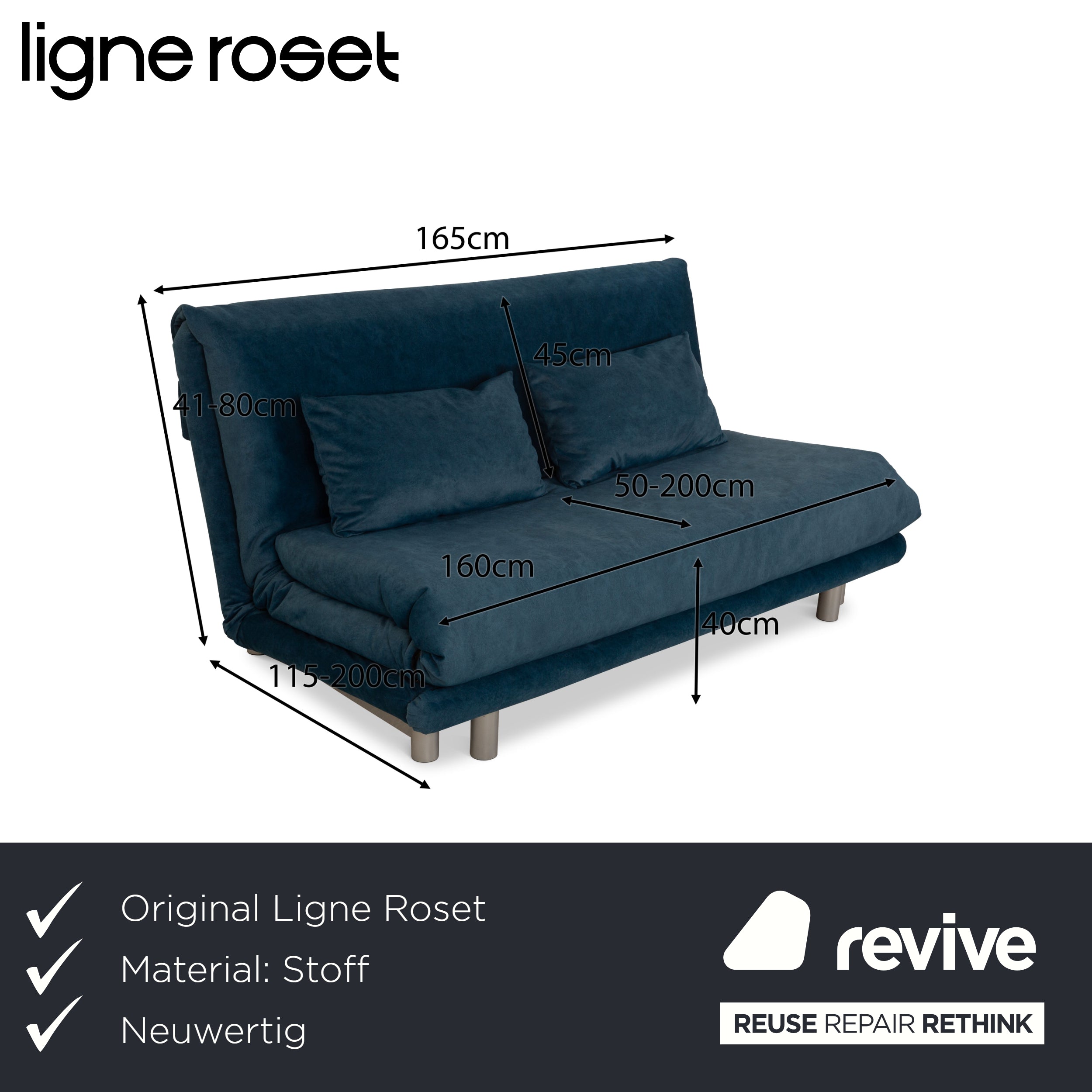 Ligne Roset Multy Three-Seater Blue Petrol Sofa Bed Couch Sofa manual function New Cover