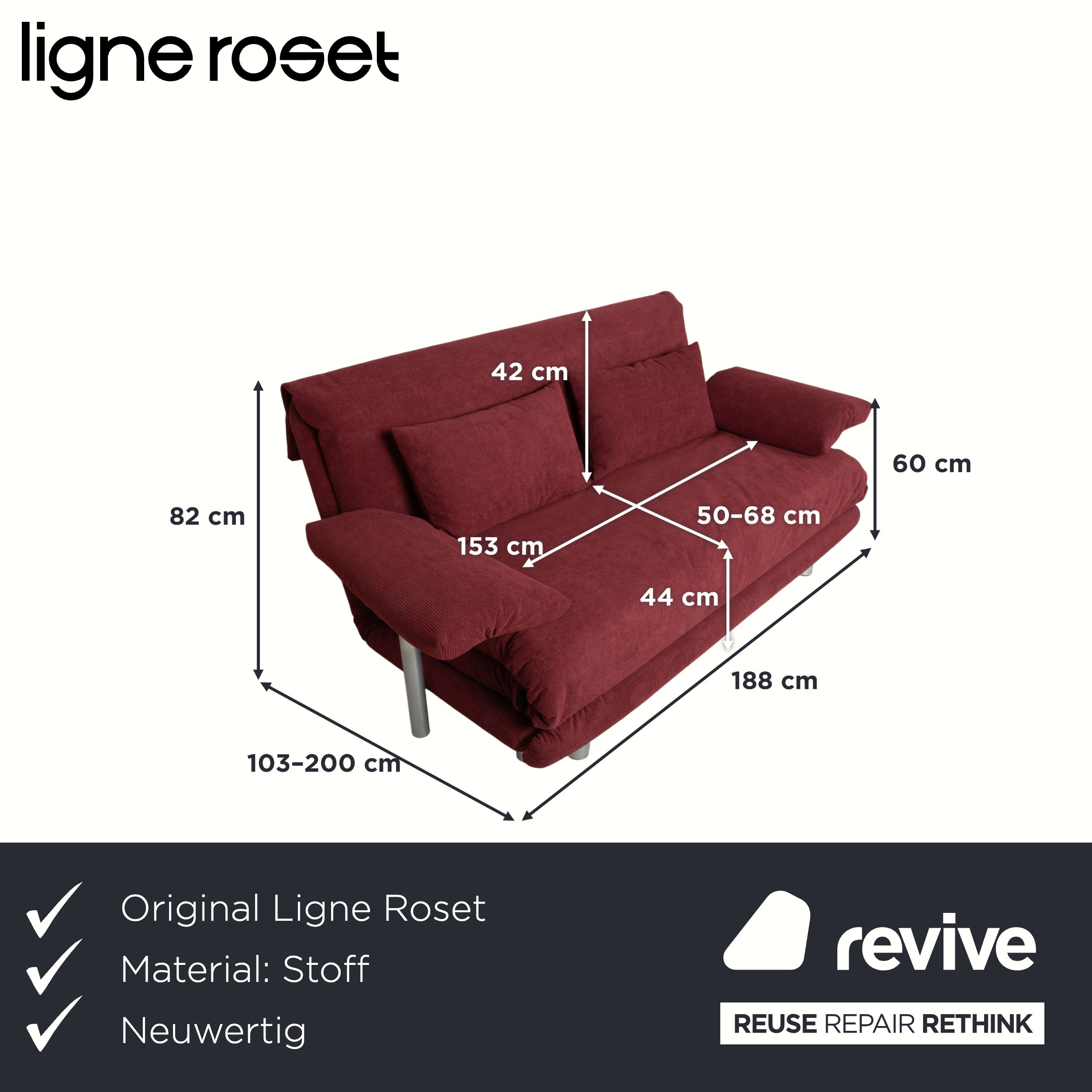 Ligne Roset Multy three-seater sofa with armrests, corduroy fabric, red, manual sleeper function, reupholstered