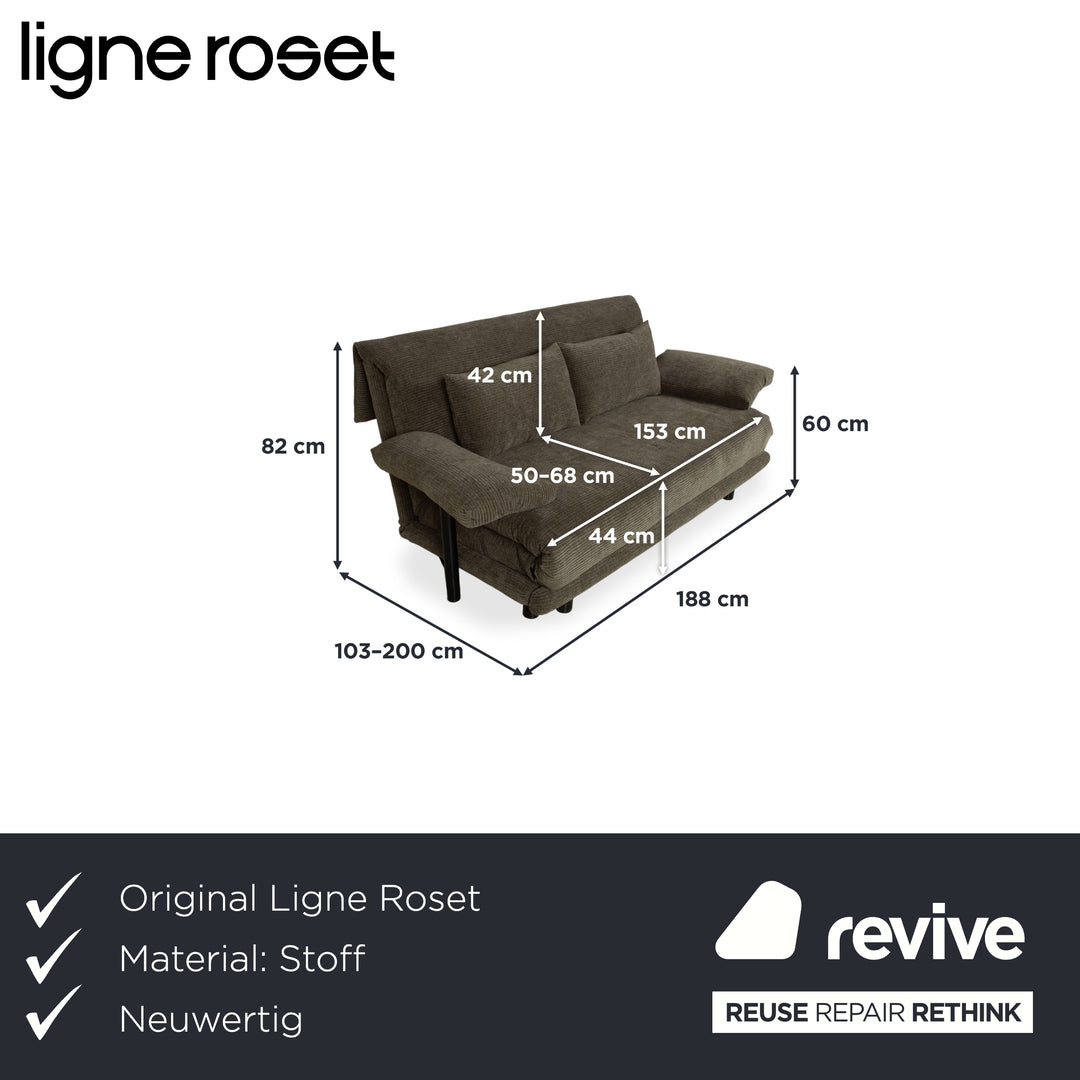 Canapé convertible Ligne Roset Multy trois places tissu vert marron ocre, nouveau revêtement ELENI 211, fonction manuelle