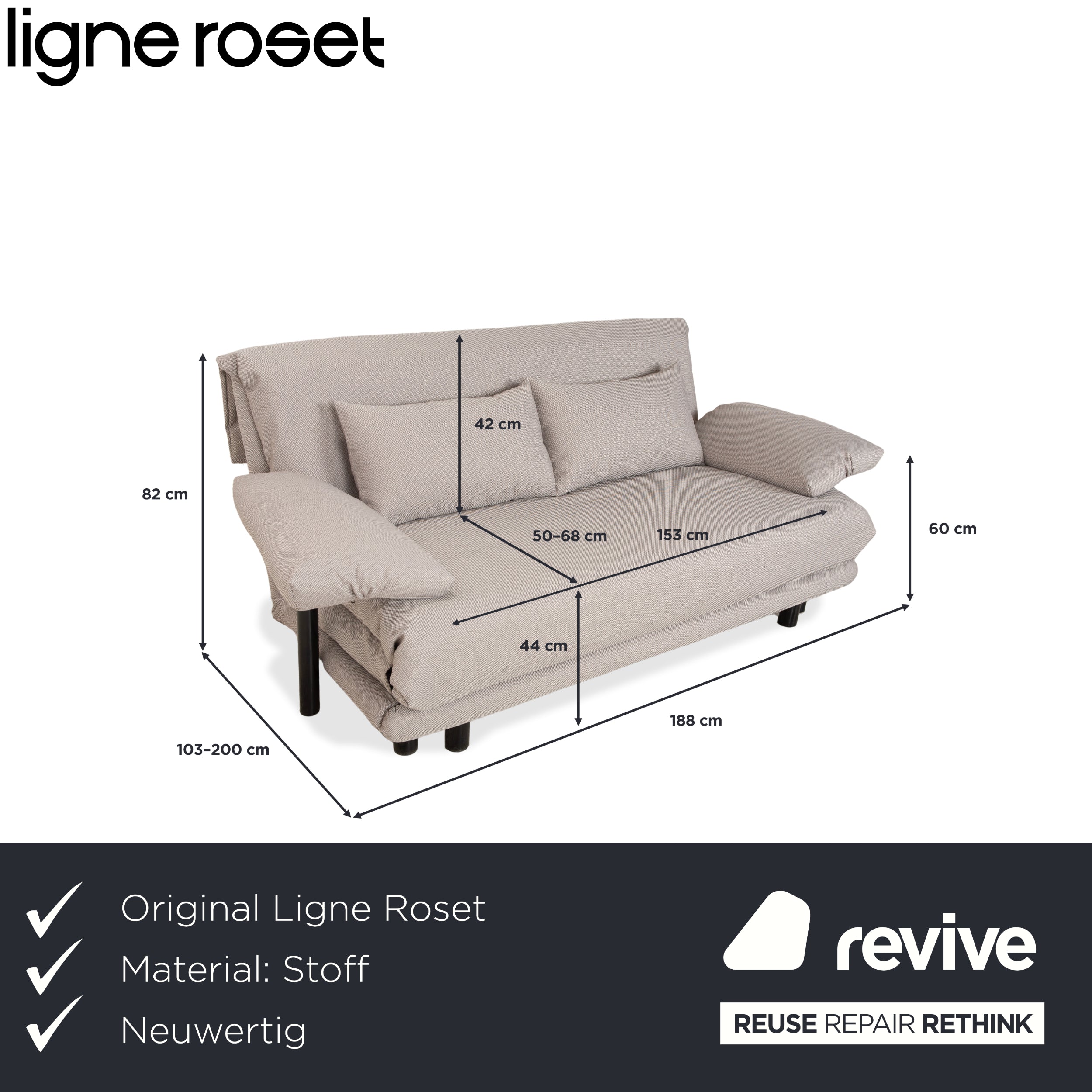 Ligne Roset Multy Dreisitzer Grau manuelle Schlaffunktion inkl. Armlehnen Sofa Couch Neubezug