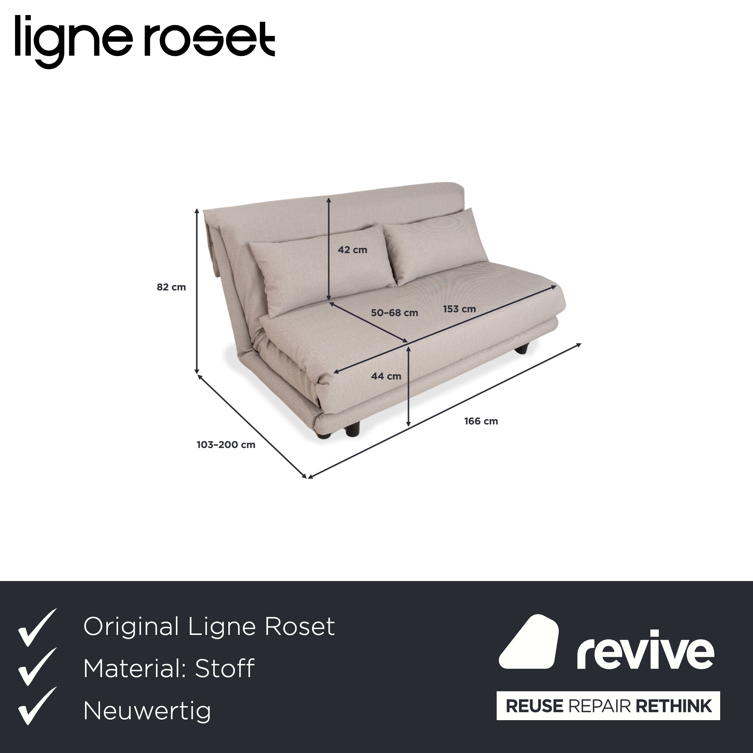 Canapé-lit manuel trois places Ligne Roset Multy gris, structure retapissée noire