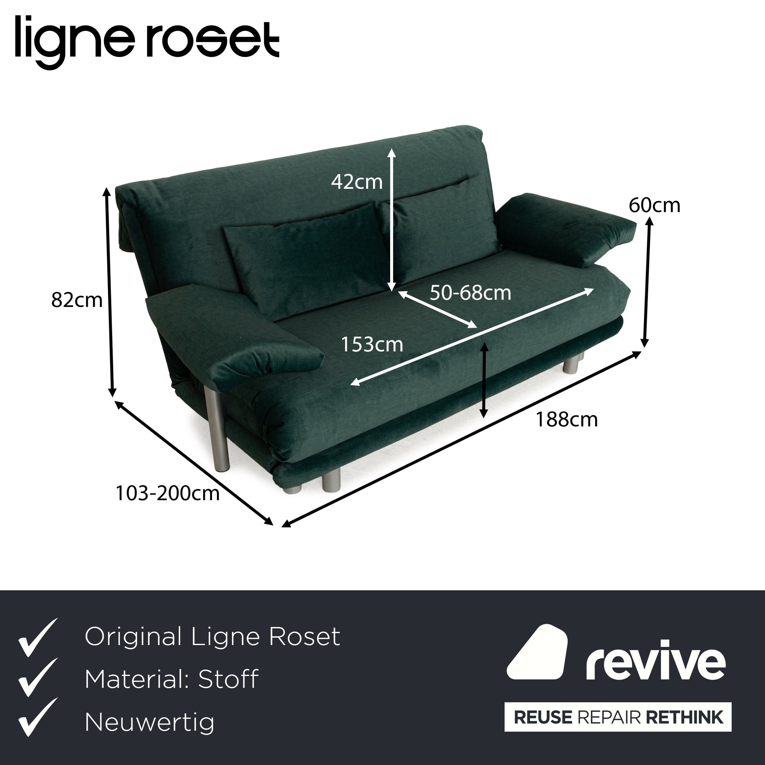 Canapé-lit trois places Ligne Roset Multy vert avec accoudoirs, housse neuve