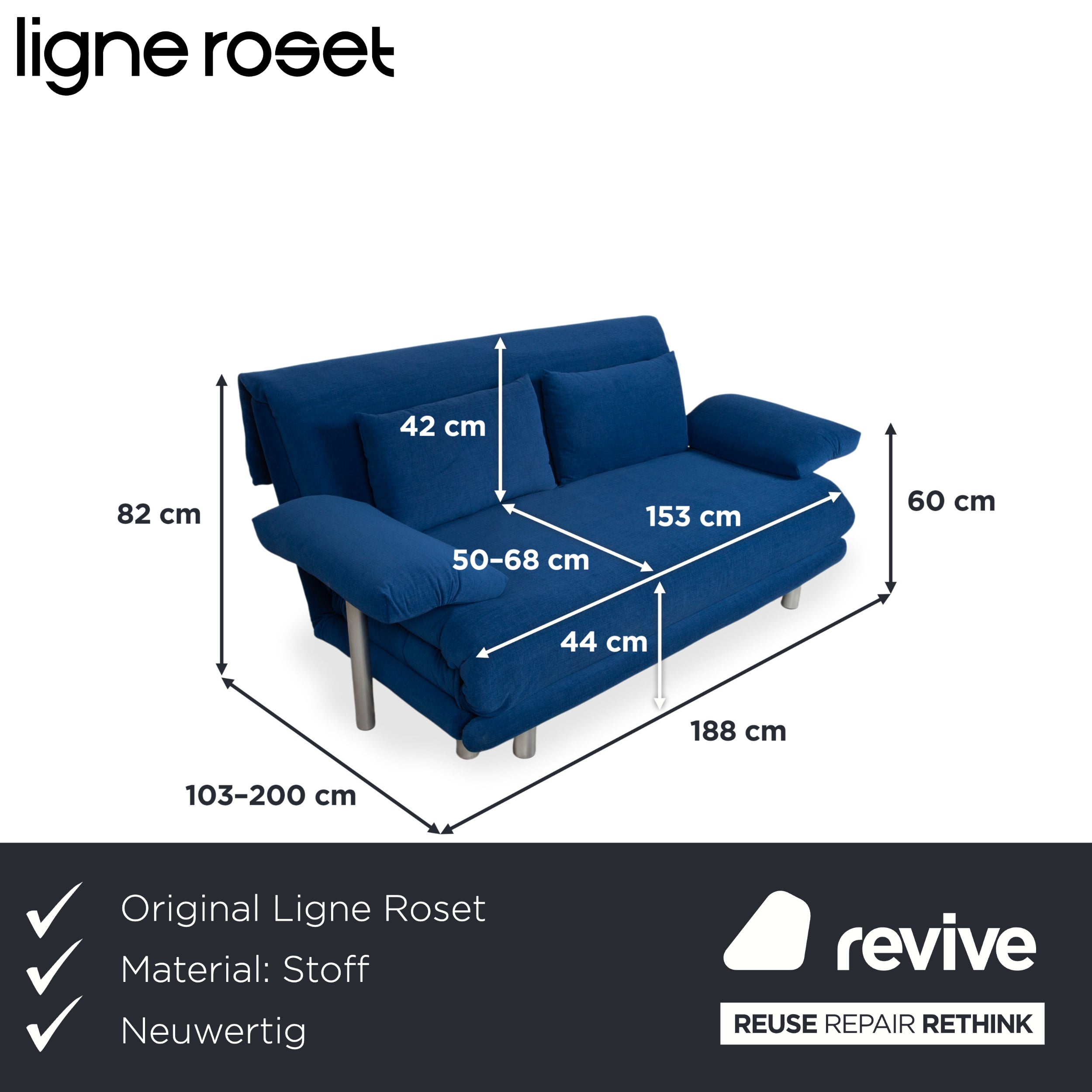 Ligne Roset Multy Dreisitzer Stoff Blau Aqua Neubezug MALOU 167 manuelle Funktion Schlaffunktion