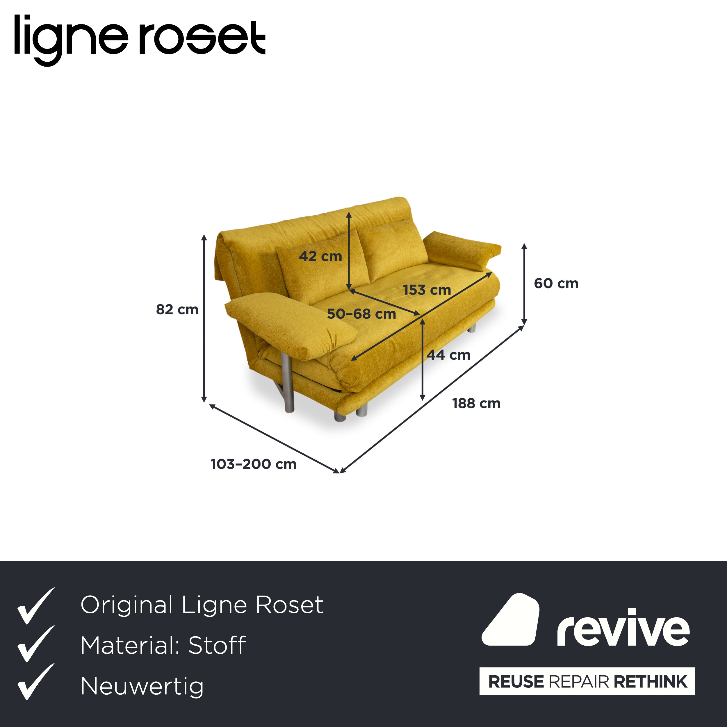 Ligne Roset Multy Three-Seater Sofa Bed with Armrests Yellow Mustard Manual Function New Upholstery MARINA FR 9420