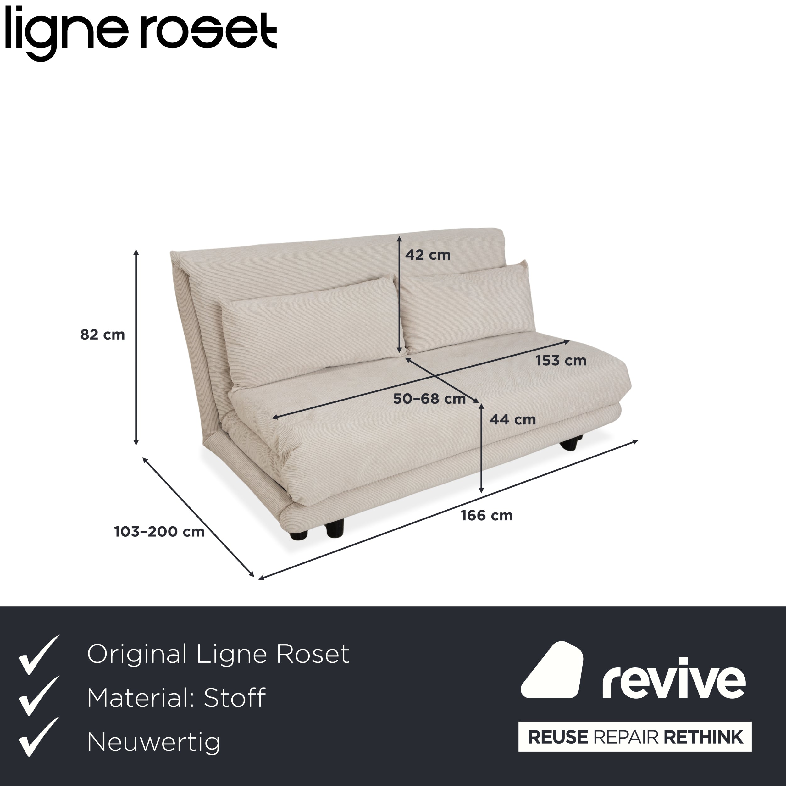 Ligne Roset Multy Dreisitzer Stoff Cord Creme Beige Weiß Schwarz manuelle Schlaffunktion Schlafsofa Neubezug