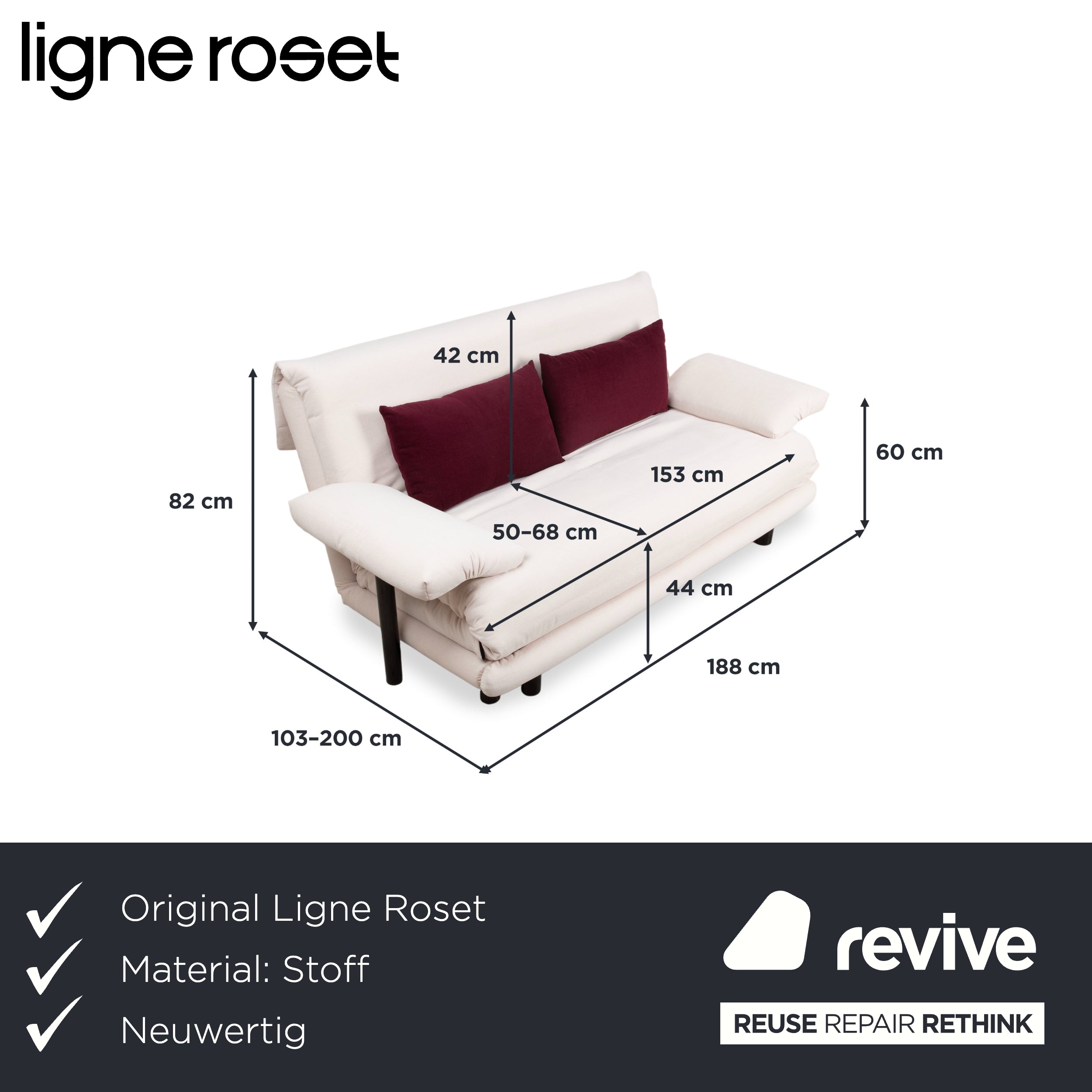 Ligne Roset Multy Dreisitzer Stoff Creme Off-White Gestell Schwarz inkl. Armlehnen manuelle Schlaffunktion Sofa Couch Neubezug MALOU 106