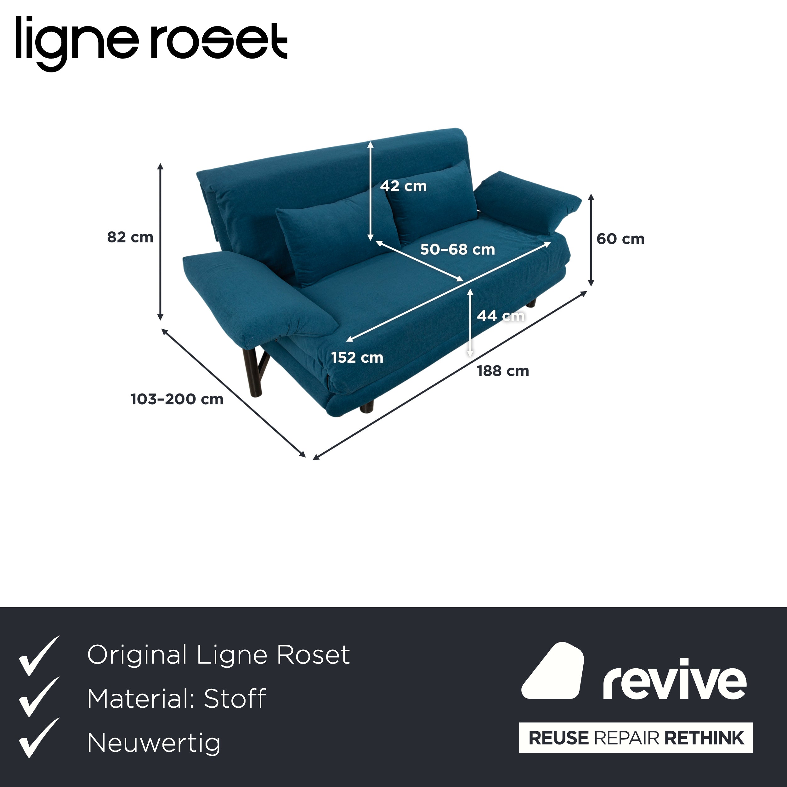 Canapé trois places Ligne Roset Multy, tissu bleu, accoudoirs compris, structure noire, fonction lit manuel, retapissé