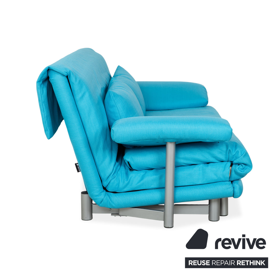 Ligne Roset Multy Three-Seater Sofa Fabric Blue Turquoise Reupholstered Manual Sleeping Function Sofa Couch