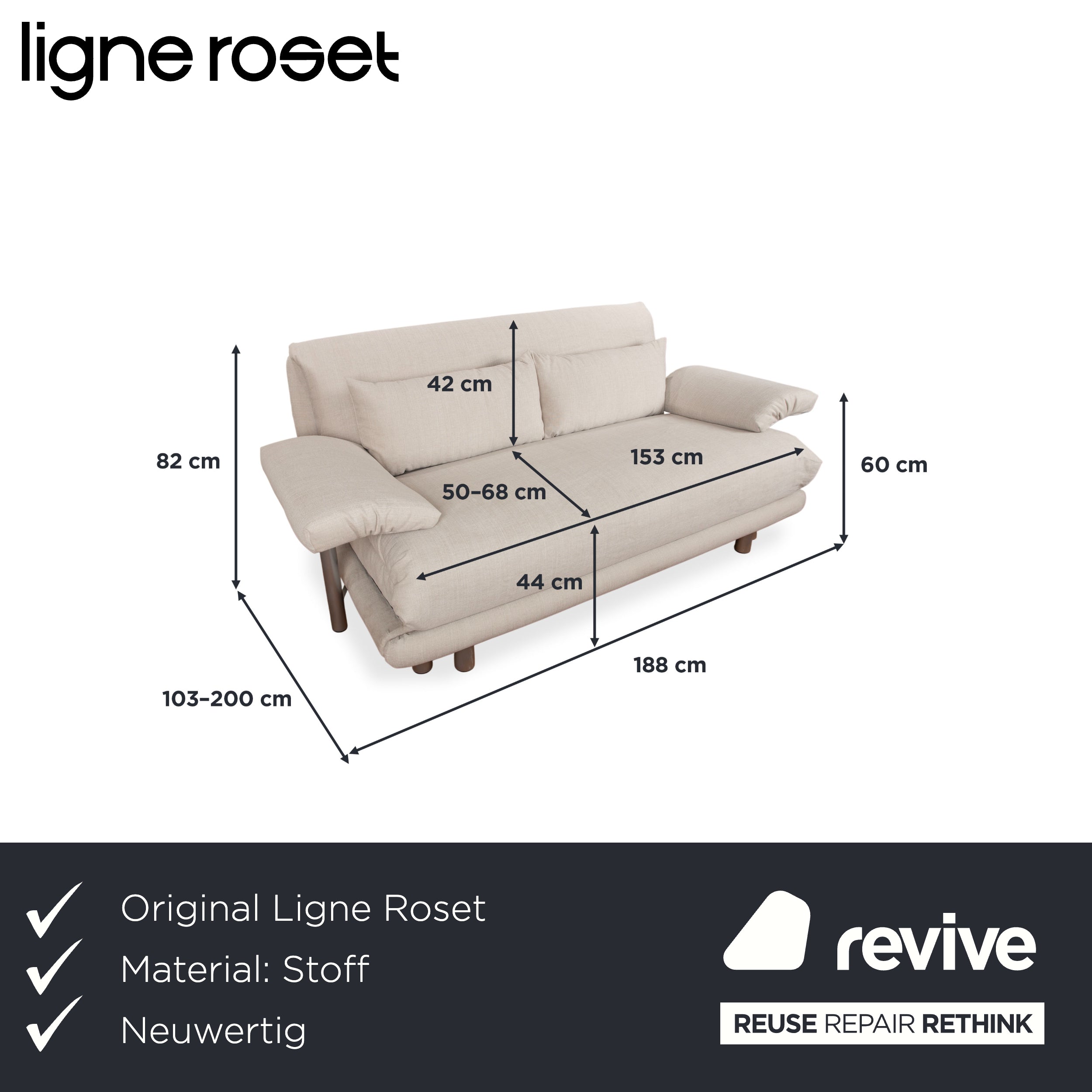 Ligne Roset Multy Dreisitzer Stoff Creme Grau Sofa Couch manuelle Funktion Neubezug VENTO 720