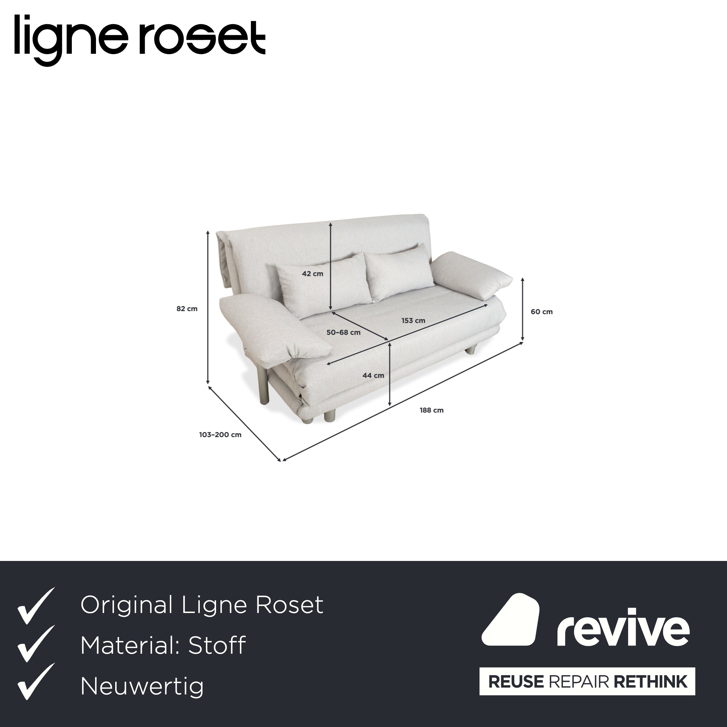 Ligne Roset Multy Dreisitzer Stoff Grau manuelle Schlaffunktion Sofa Couch Neubezug