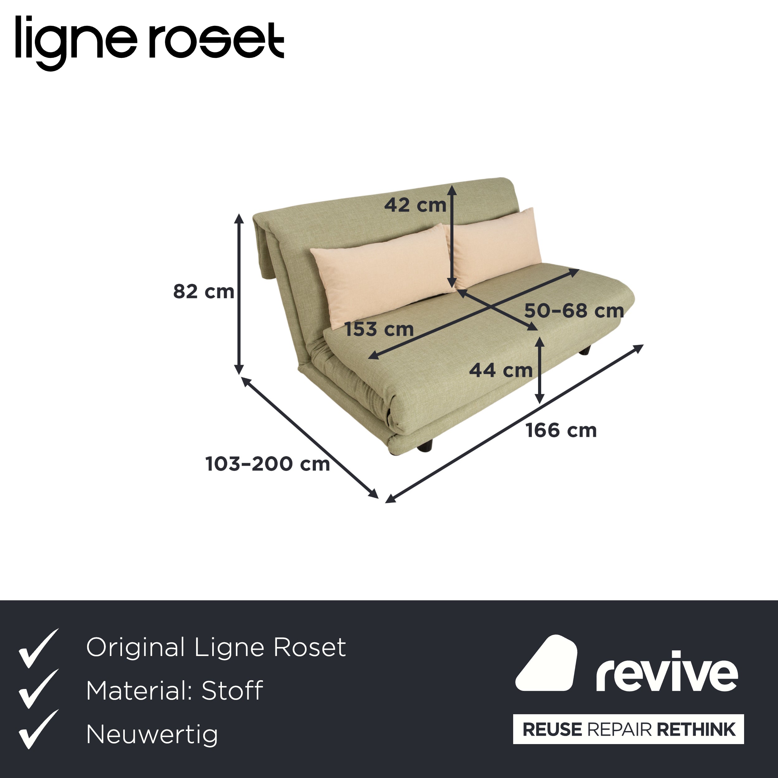 Ligne Roset Multy Dreisitzer Stoff Hellgrün Beige manuelle Schlaffunktion Sofa Couch