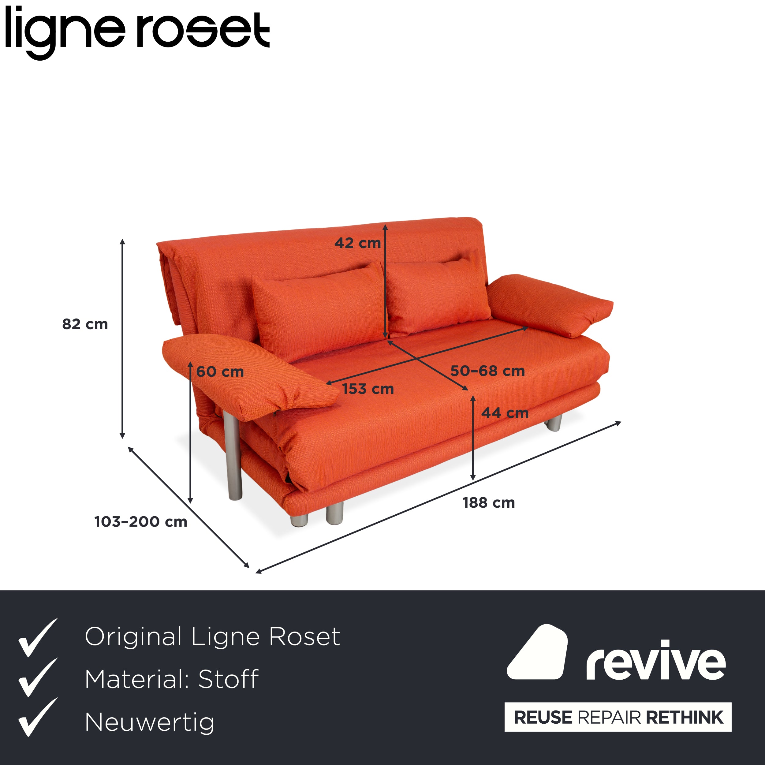 Ligne Roset Multy Dreisitzer Armlehnen Stoff Orange Siber manuelle Schlaffunktion Schlafsofa Couch Neubezug