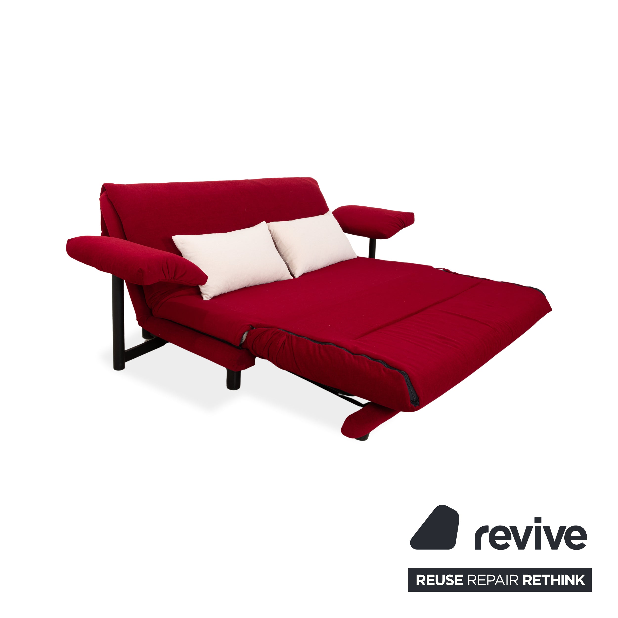 Ligne Roset Multy three-seater sofa, fabric red beige, frame black, including armrests, reupholstered, manual sleeper function.