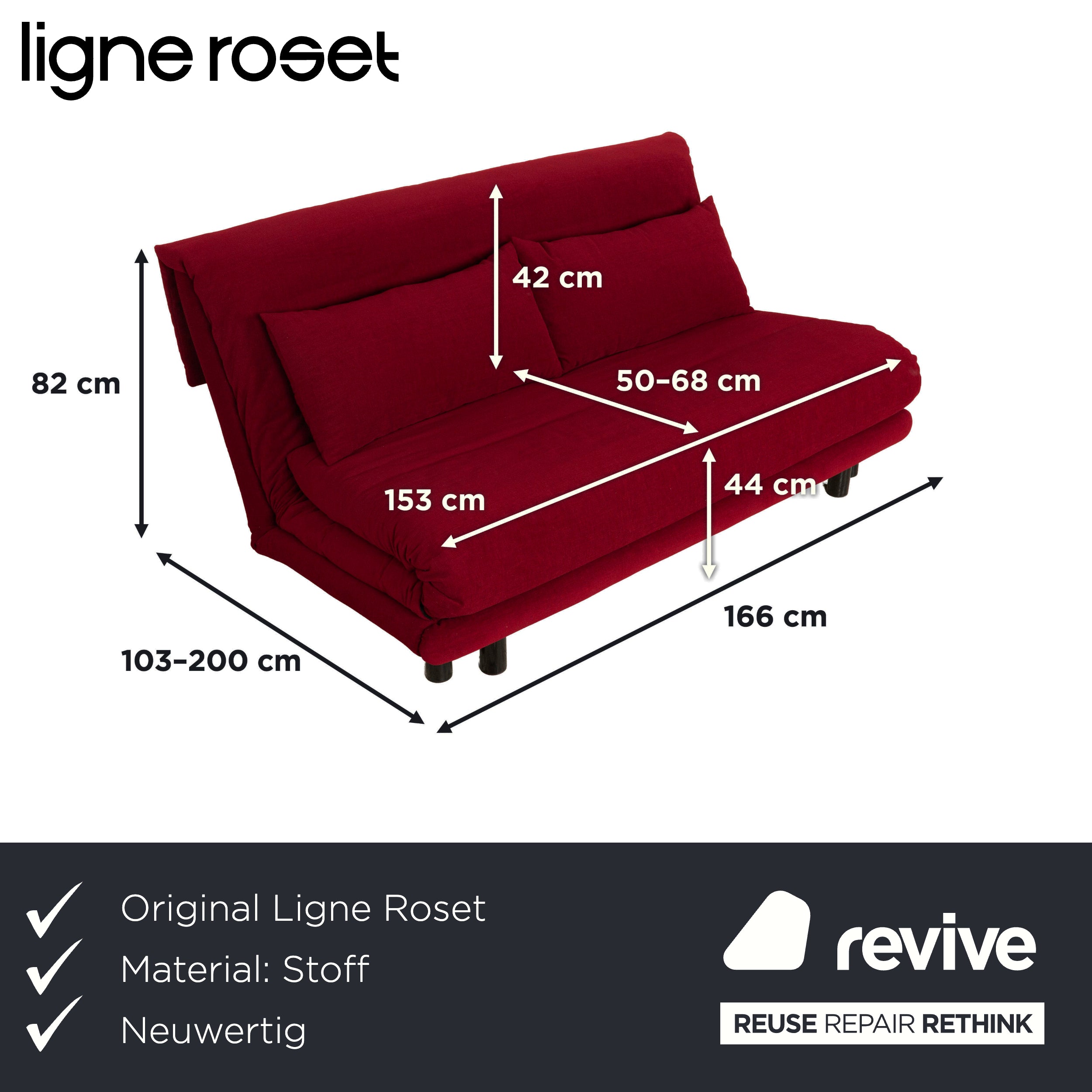 Ligne Roset Multy Dreisitzer Stoff Rot Weinrot Schwarz manuelle Schlaffunktion Schlafsofa Couch Neubezug