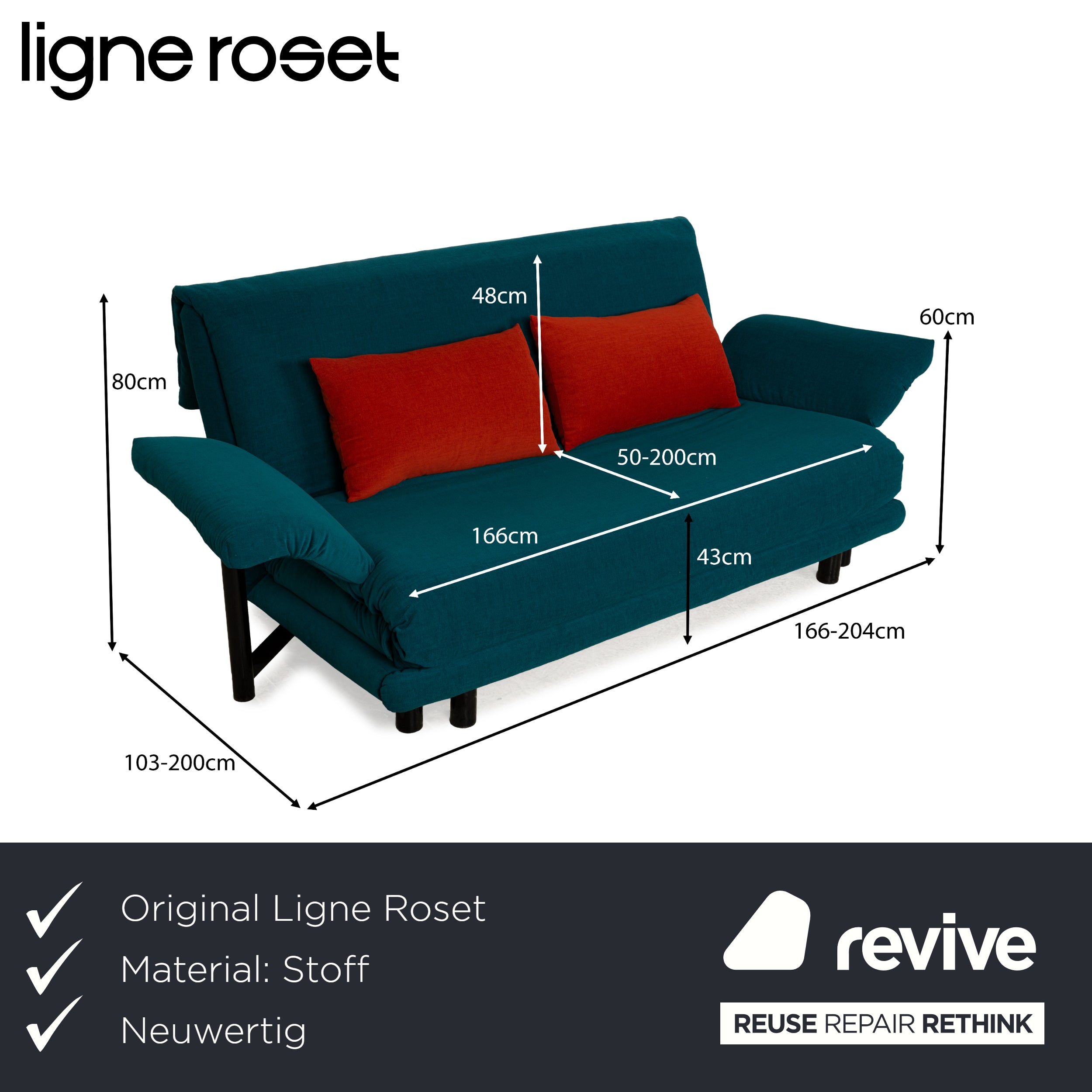 Canapé-lit Ligne Roset Multy trois places bleu turquoise pétrole avec accoudoirs, housse neuve