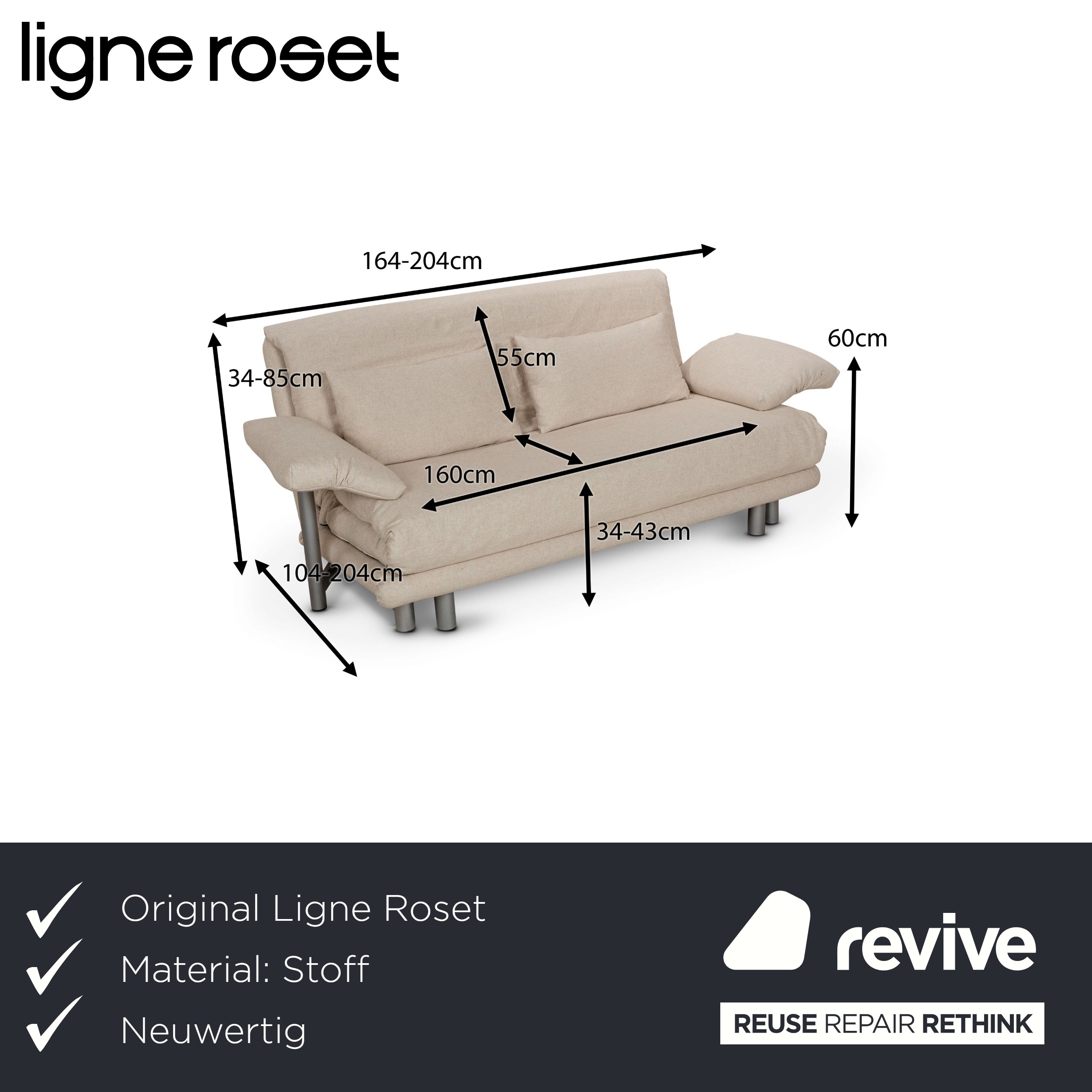 Ligne Roset Multy fabric three-seater beige manual function sofa bed couch incl. armrests