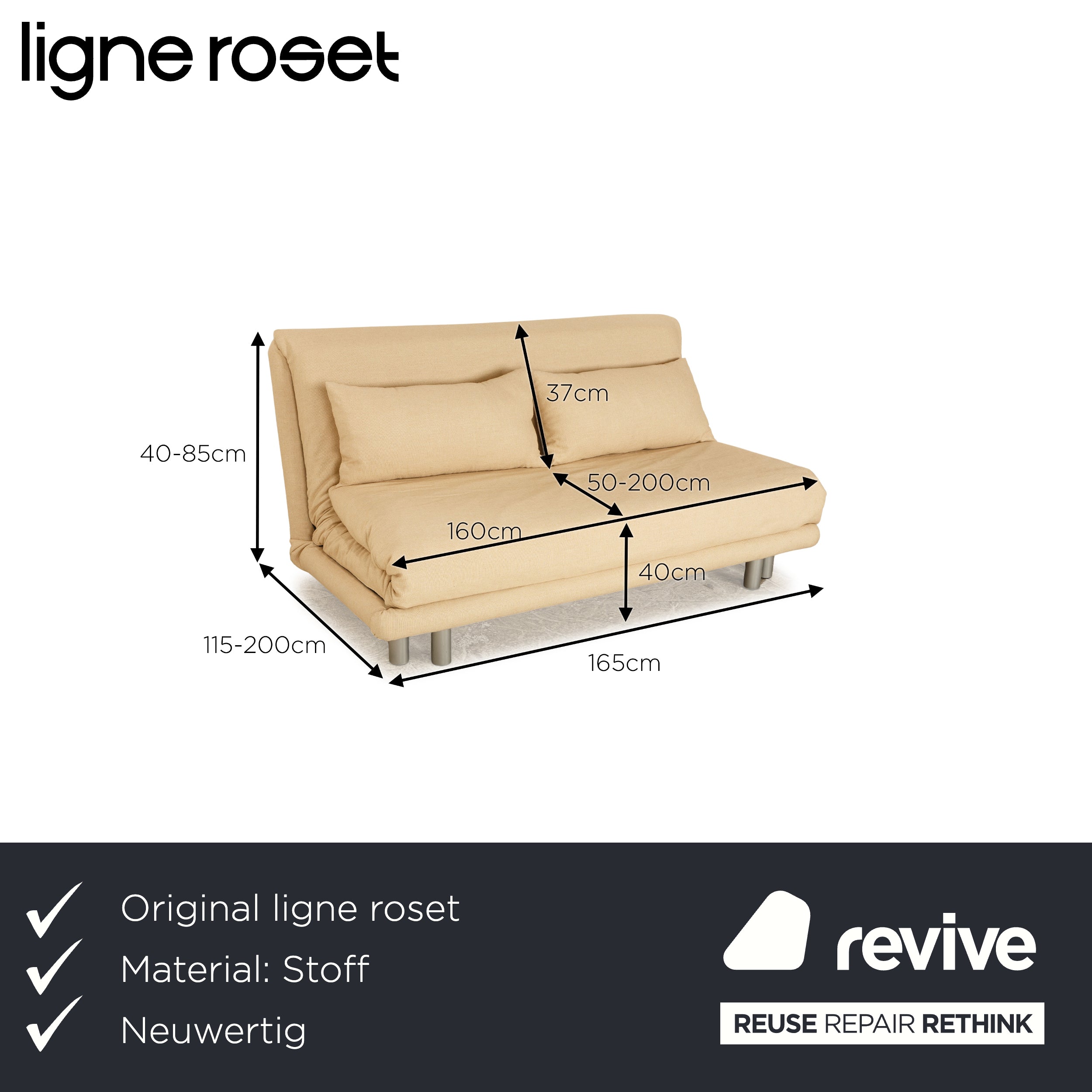 ligne roset Multy Stoff Dreisitzer Beige manuelle Funktion Schlafsofa Couch Neubezug