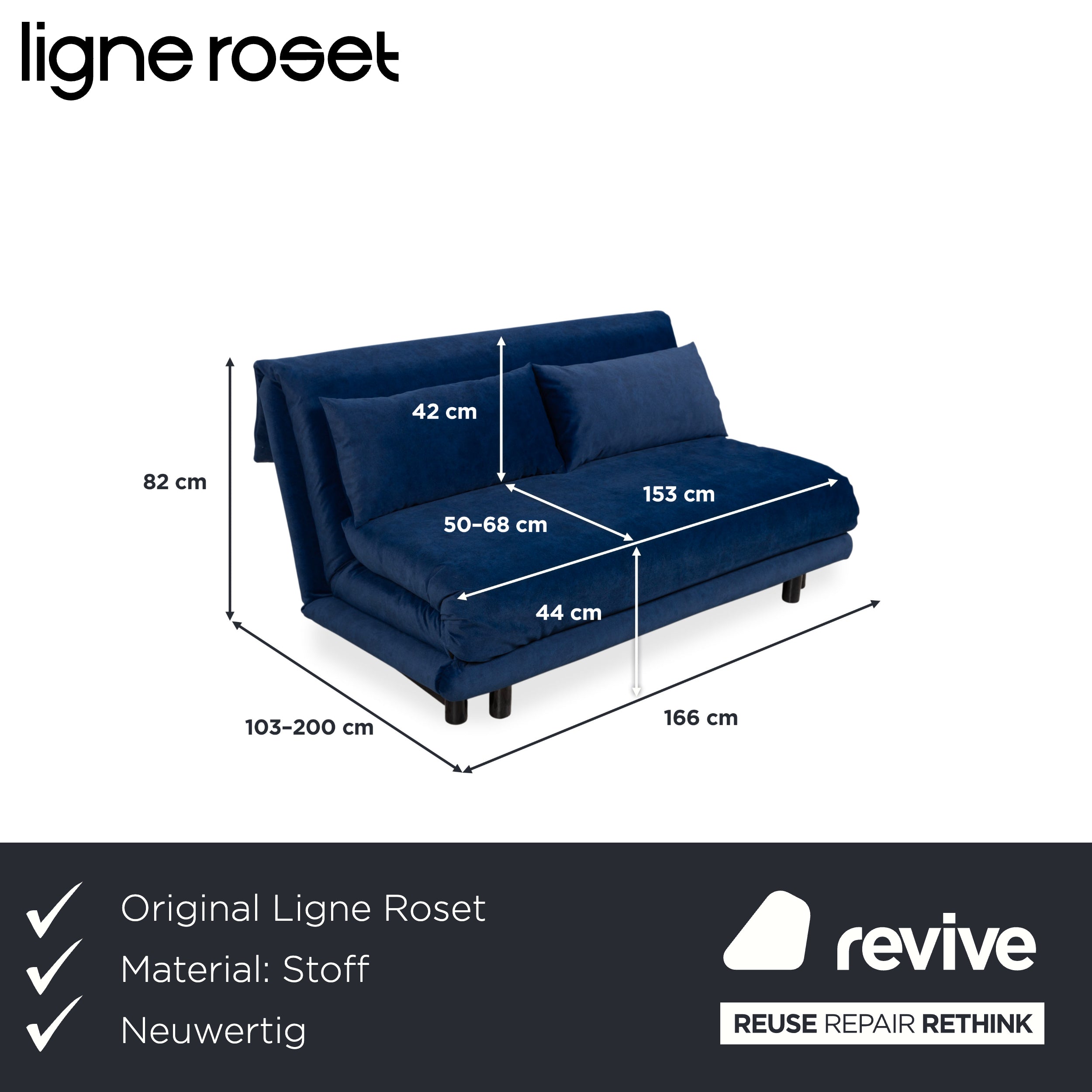 Ligne Roset Multy Stoff Dreisitzer Blau Dunkelblau Schlafsofa Couch manuelle Funktion Neubezug VENTURA 341
