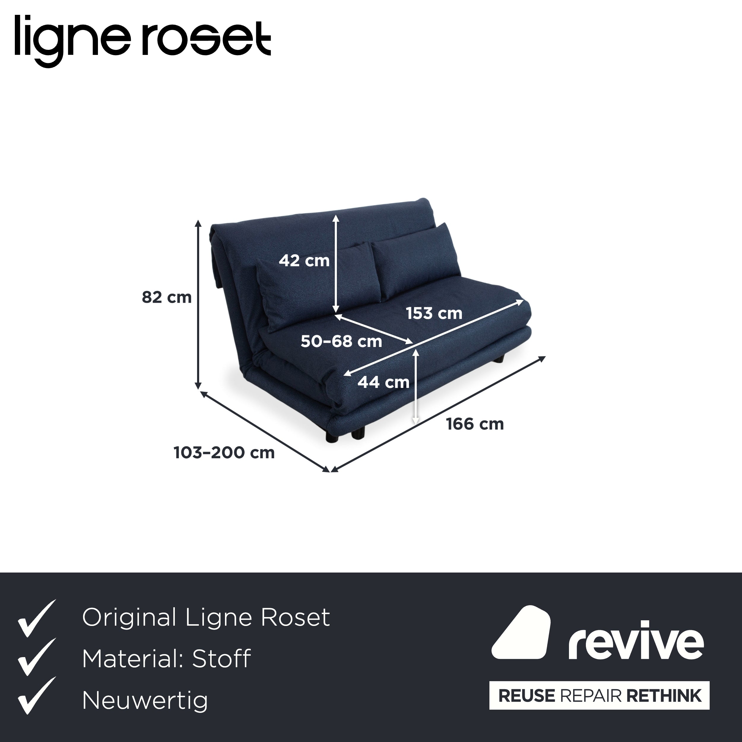 Ligne Roset Multy Fabric Three-Seater Blue Grey Navy Manual Function Sofa Couch Sofa Bed