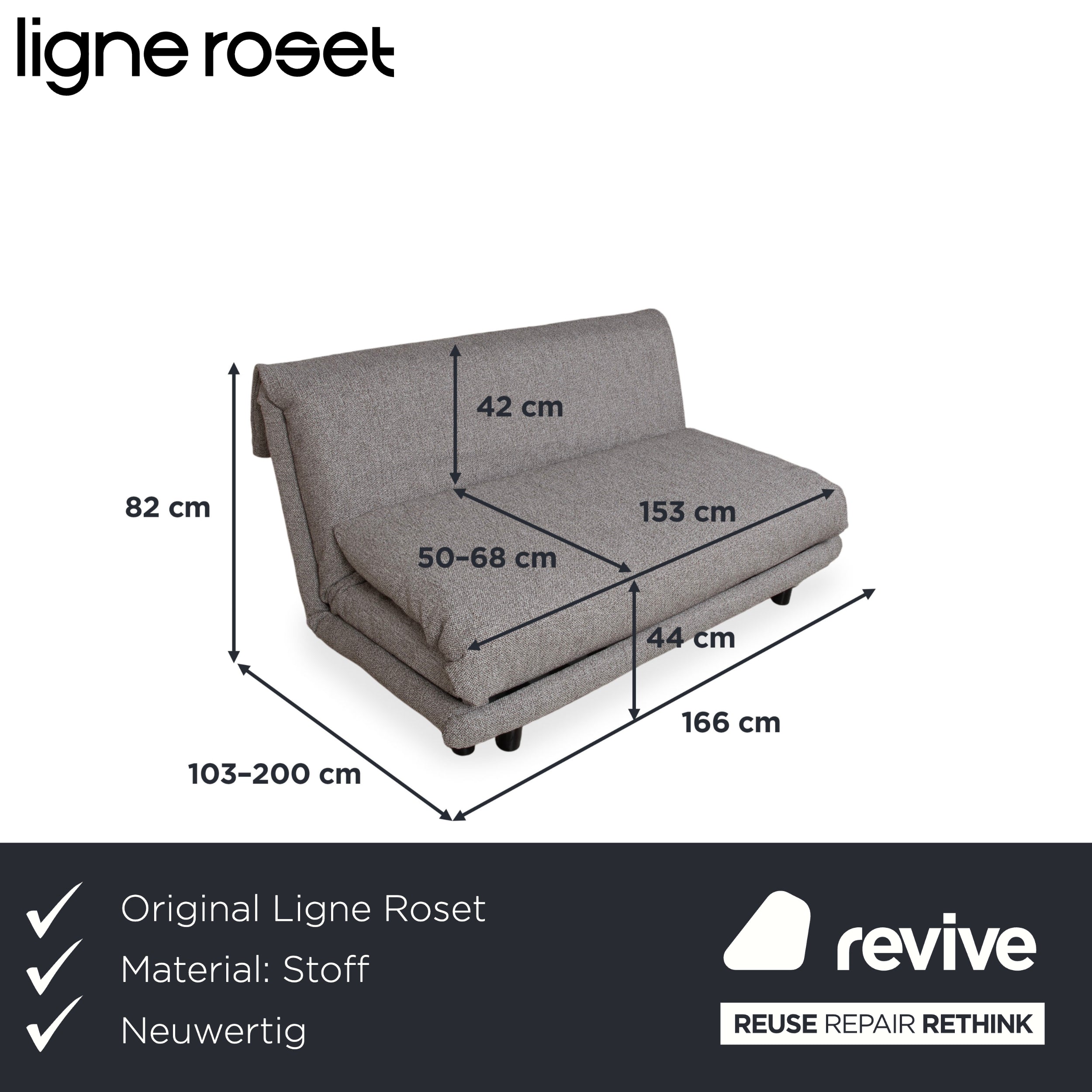 Ligne Roset Multy Dreisitzer Stoff Grau Schwarz manuelle Schlaffunktion Schlafsofa Couch Neubezug