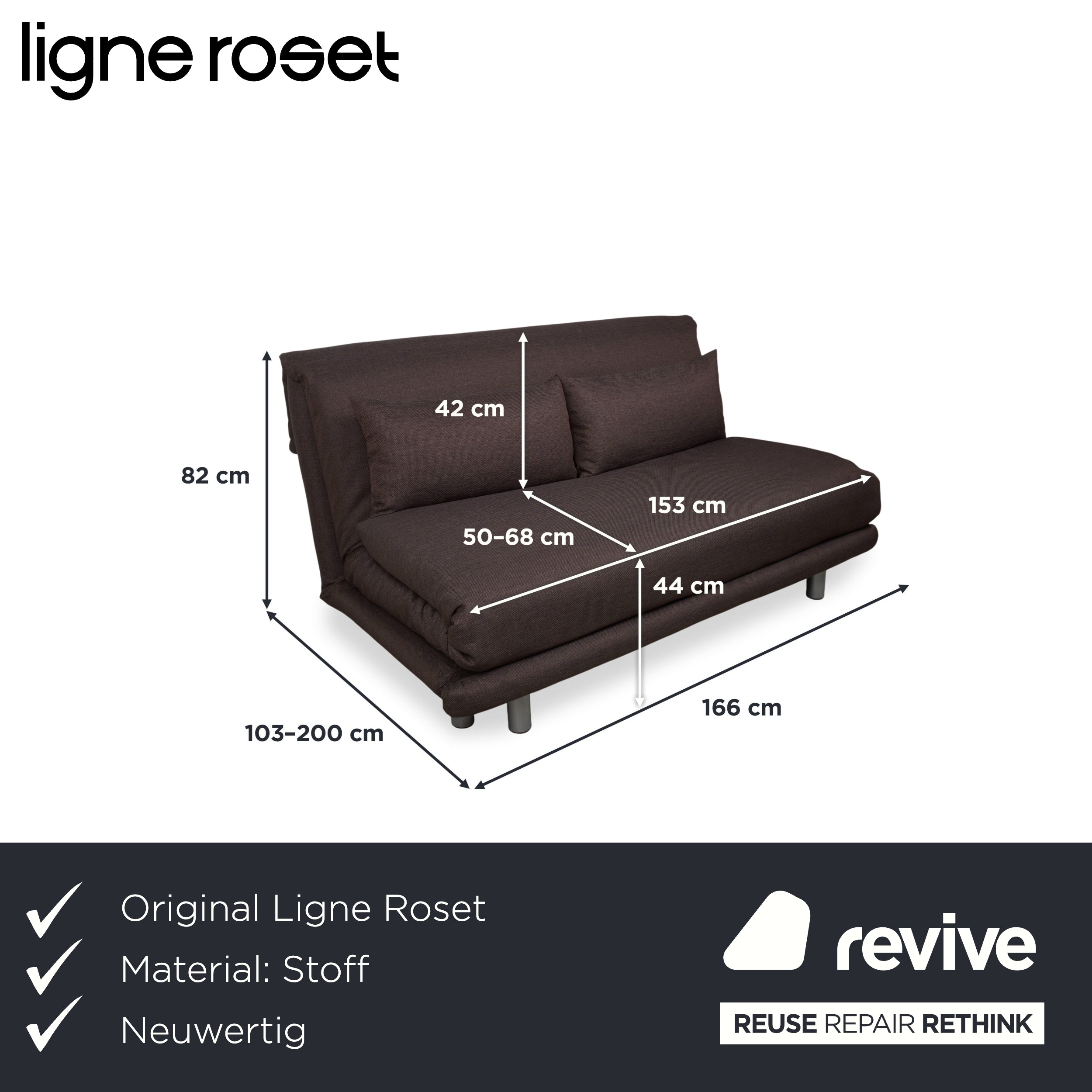 Ligne Roset Multy Stoff Dreisitzer Braun Grau manuelle Schlaffunktion Schlafsofa Couch Neubezug Dunkelbraun